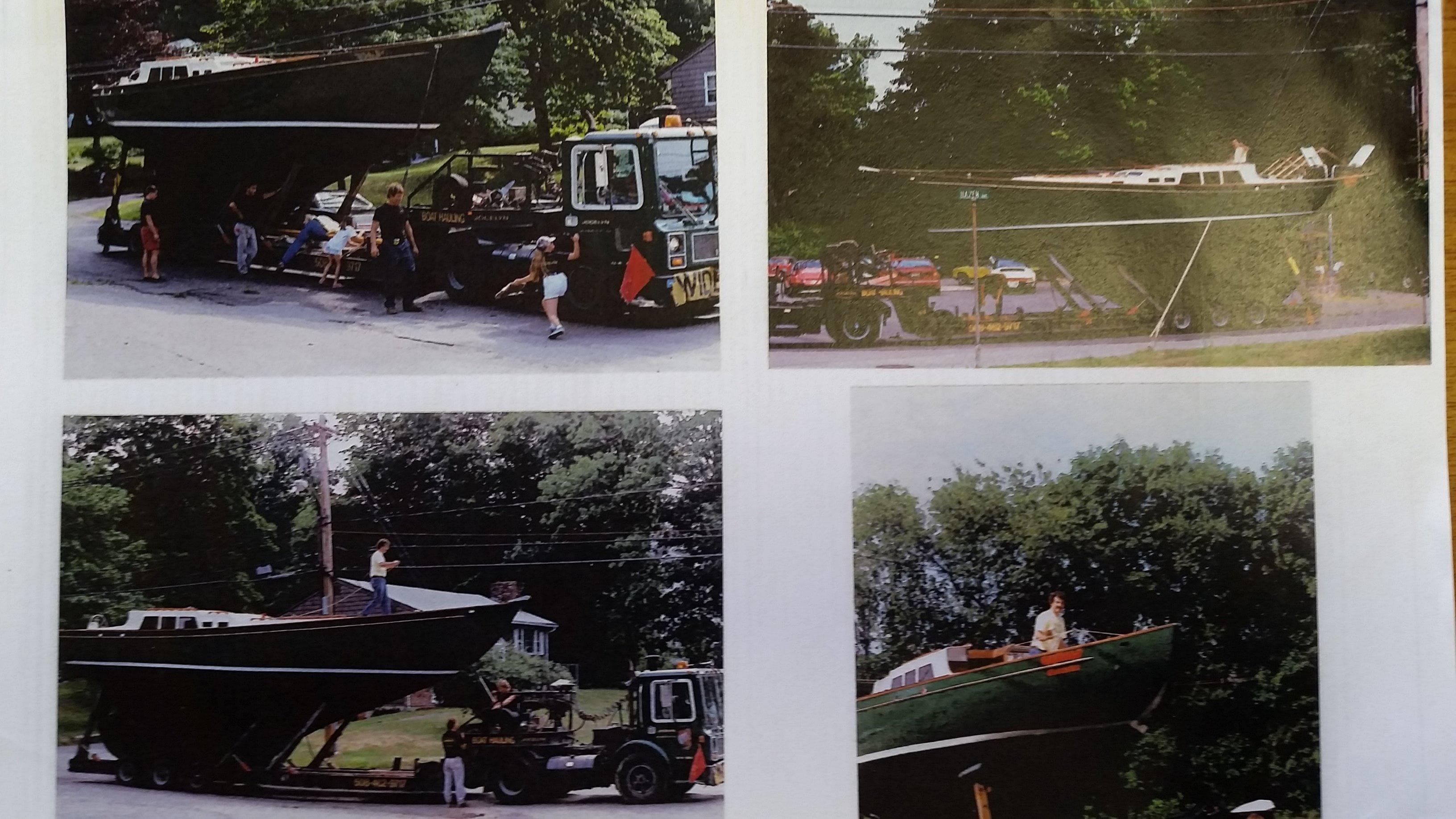 Four images of a 1960 Frans Maas-LeFevre One Off Custom 47 sailboat being transported.