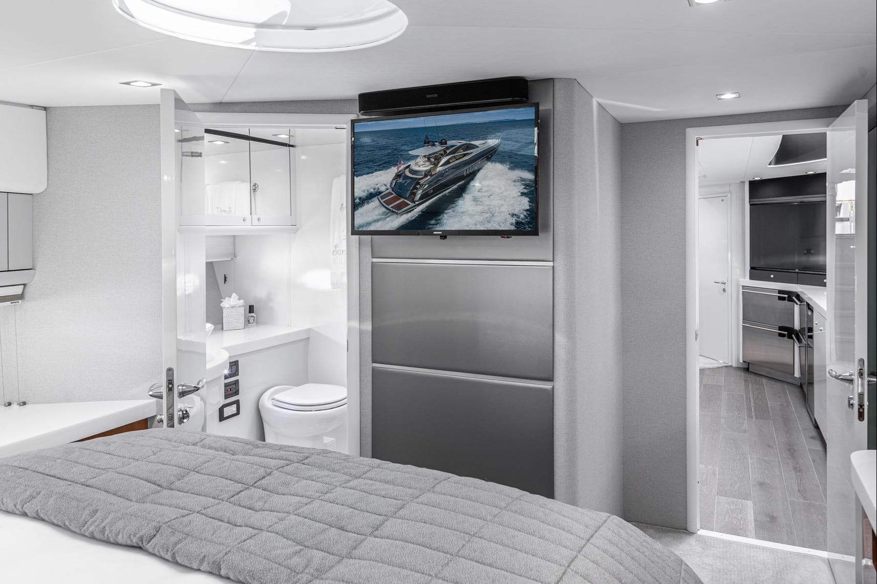 Luxurious interior of 2021 Sunseeker Predator 68 yacht with modern amenities and sleek design.
