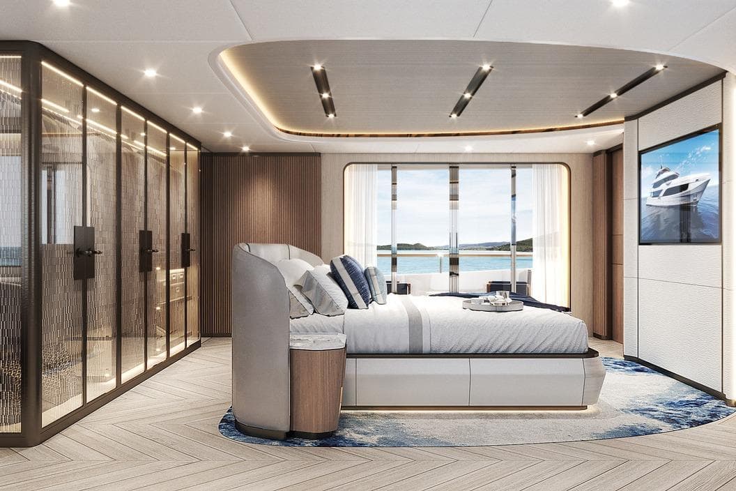 Luxurious yacht bedroom interior on Majesty 145, 2026 model, featuring elegant design and ocean view.