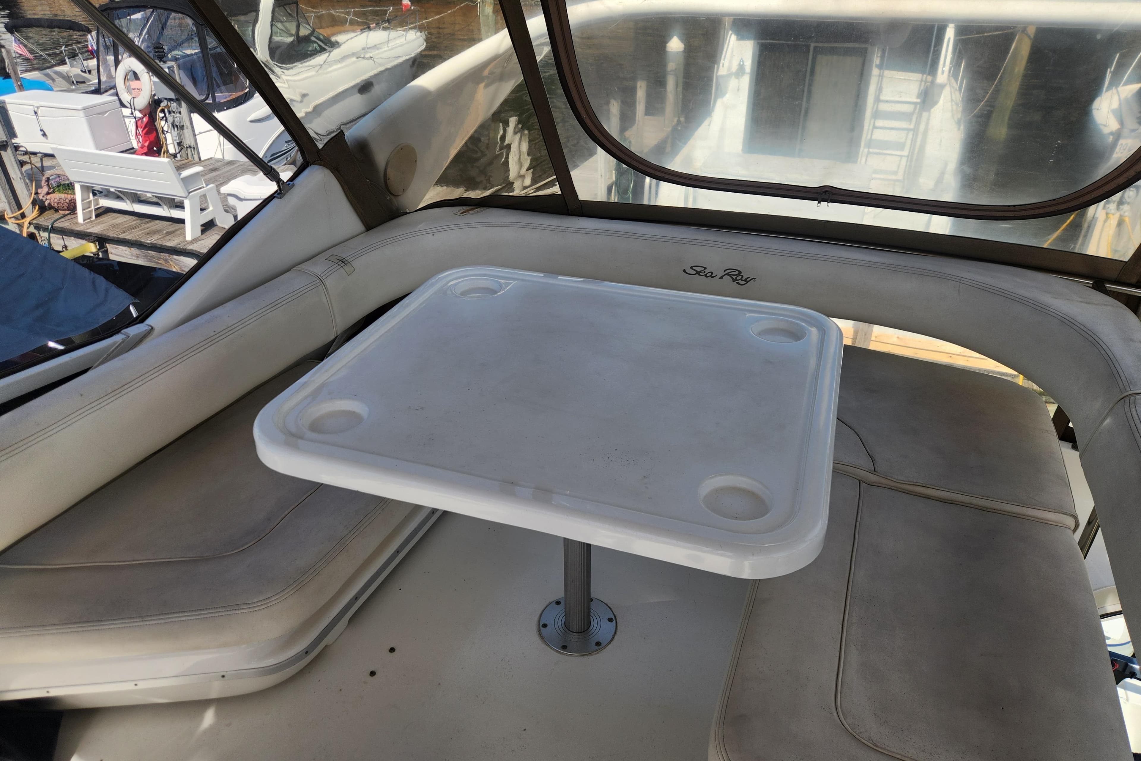 Interior seating area of a 2001 Sea Ray 400 Sedan Bridge yacht.