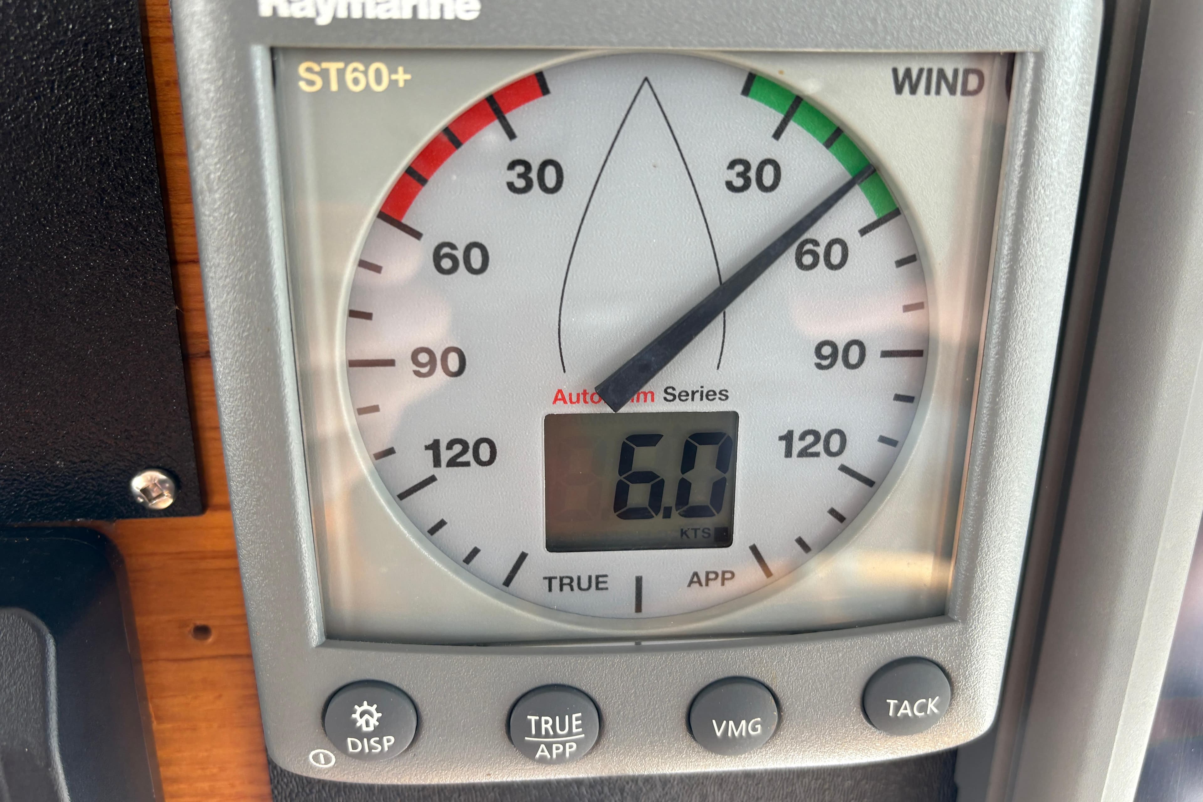 Raymarine ST60+ wind gauge displaying 6.0 knots on a 1984 Grand Banks Classic.
