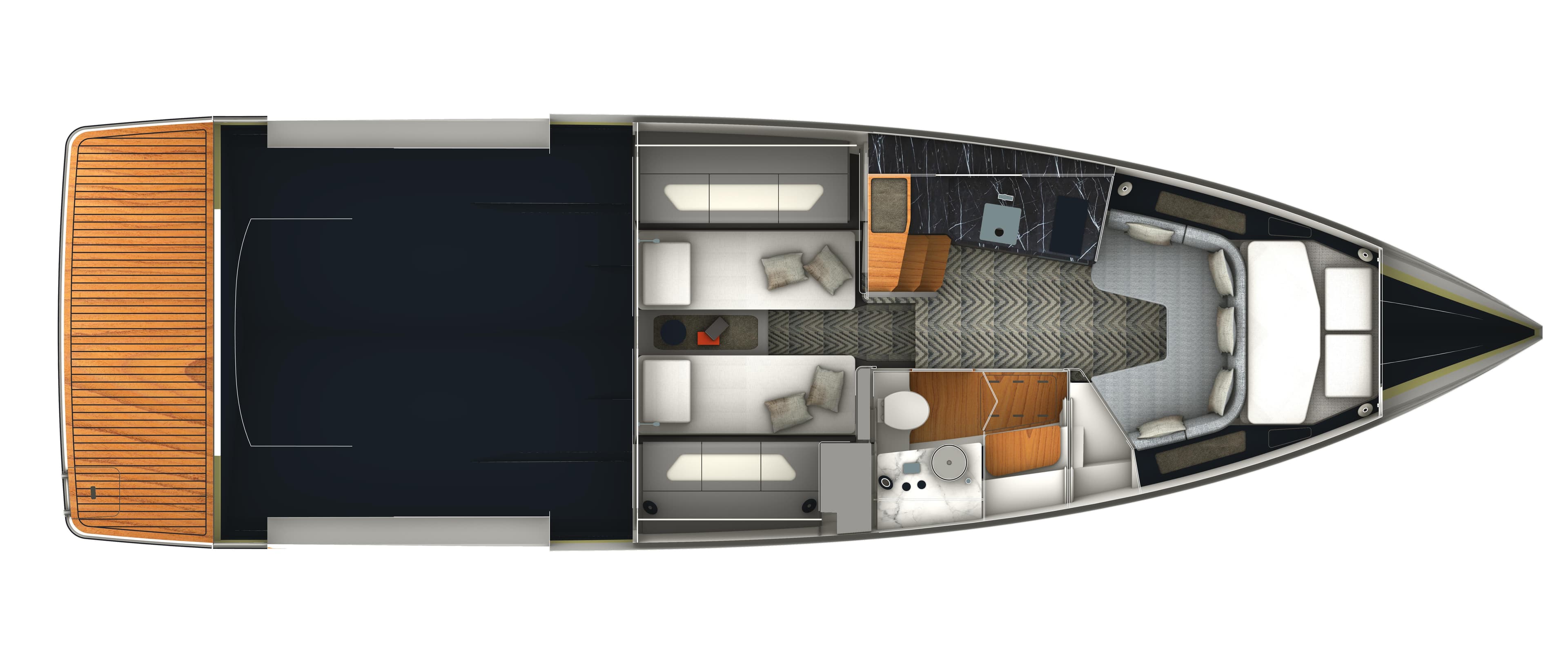 Top view of 2027 Schaefer V44 yacht interior layout.