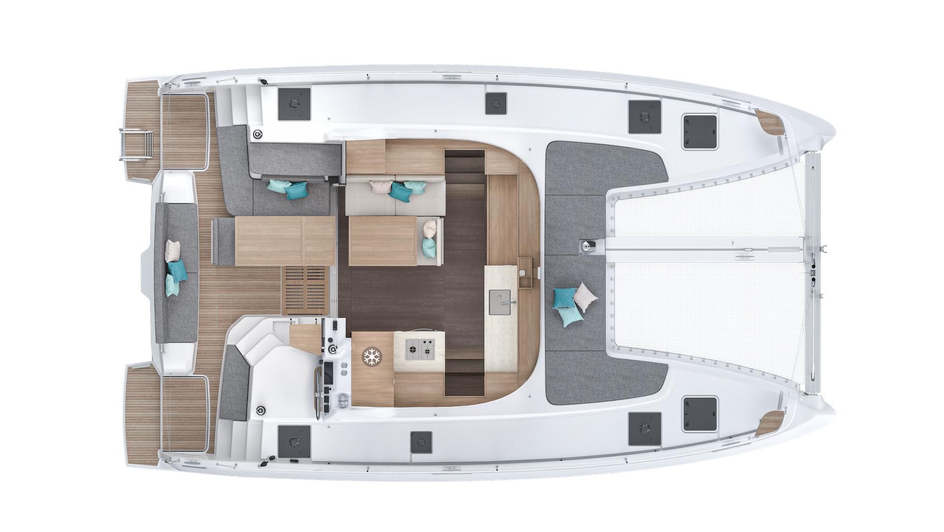 Top view of 2025 Lagoon 38 catamaran layout, featuring spacious deck and modern interior design.