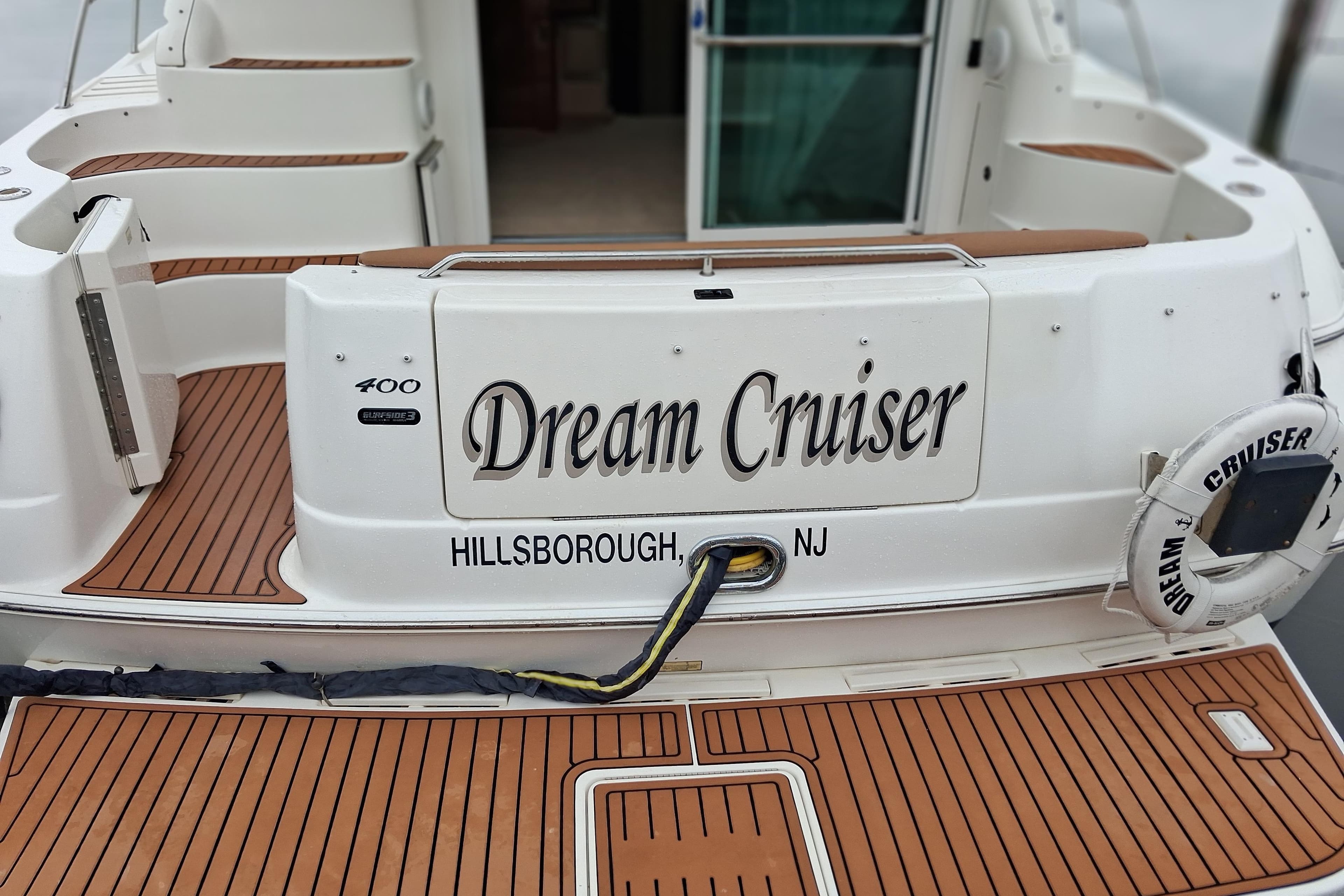 2003 Sea Ray 400 Sedan Bridge yacht named "Dream Cruiser" docked in Hillsborough, NJ.