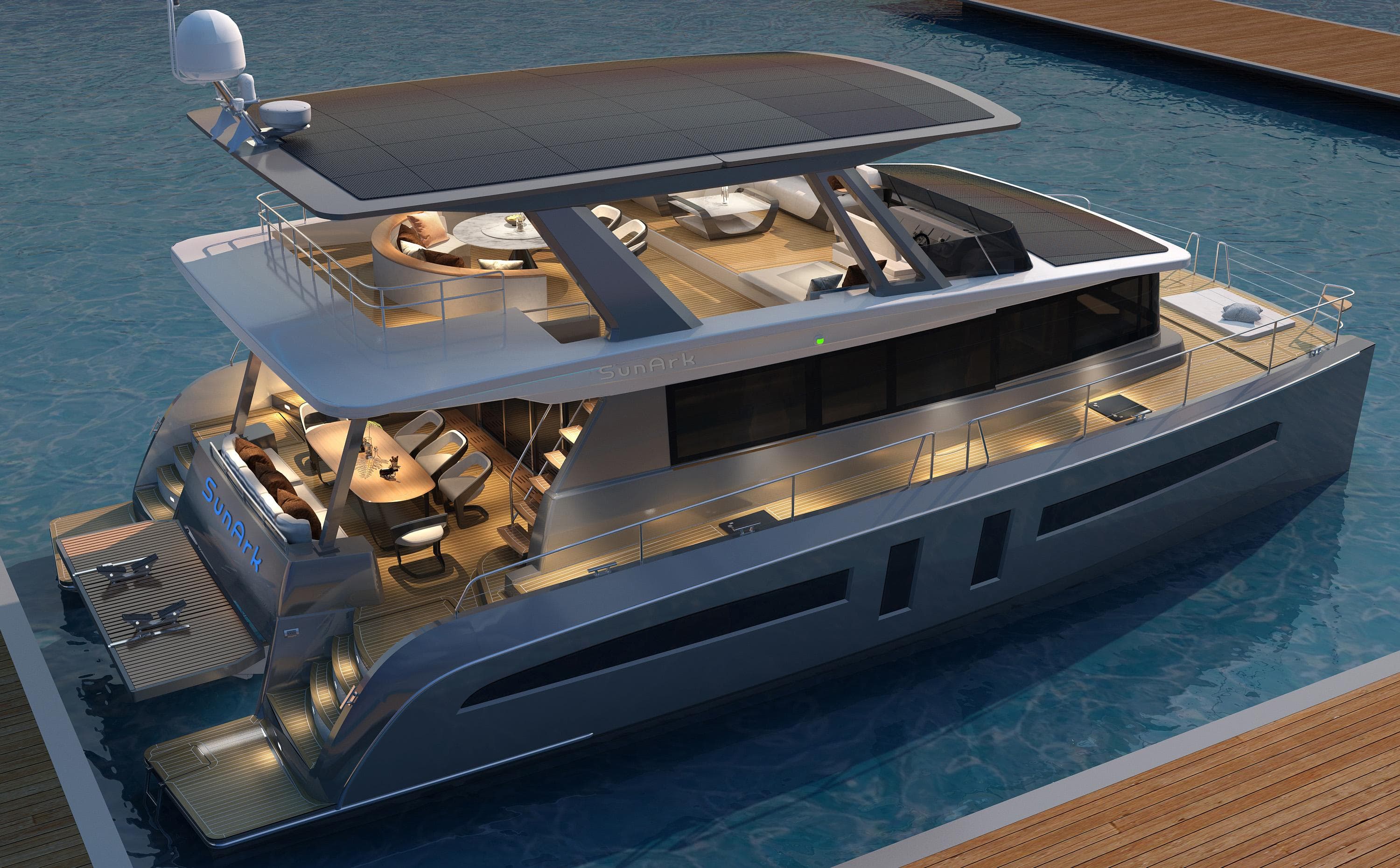 2024 Mazarin 55 Catamaran Hybrid, luxury yacht with modern design, docked at marina.