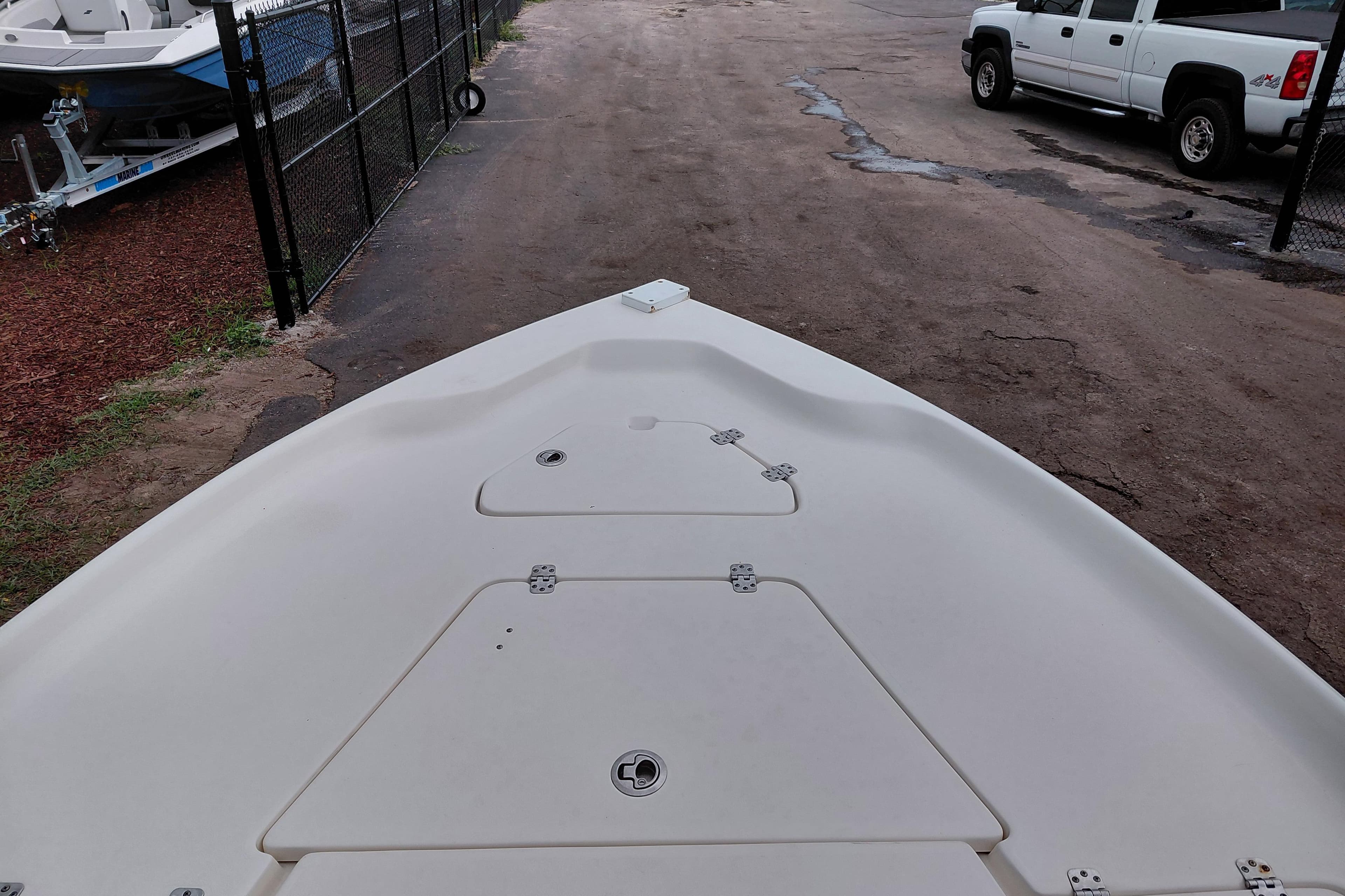 Bow view of 2018 Key West 230 Bay Reef boat on a trailer.