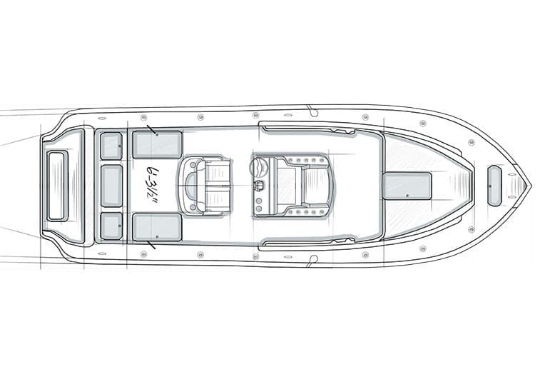 Manufacturer Provided Image: Top view schematic of a 2021 Yellowfin 26 Hybrid boat layout.