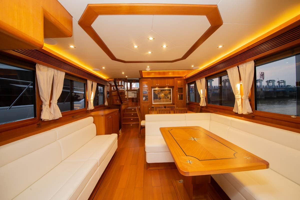 Luxurious interior of 2026 Selene 60 Classic Explorer yacht with elegant wood finishes.