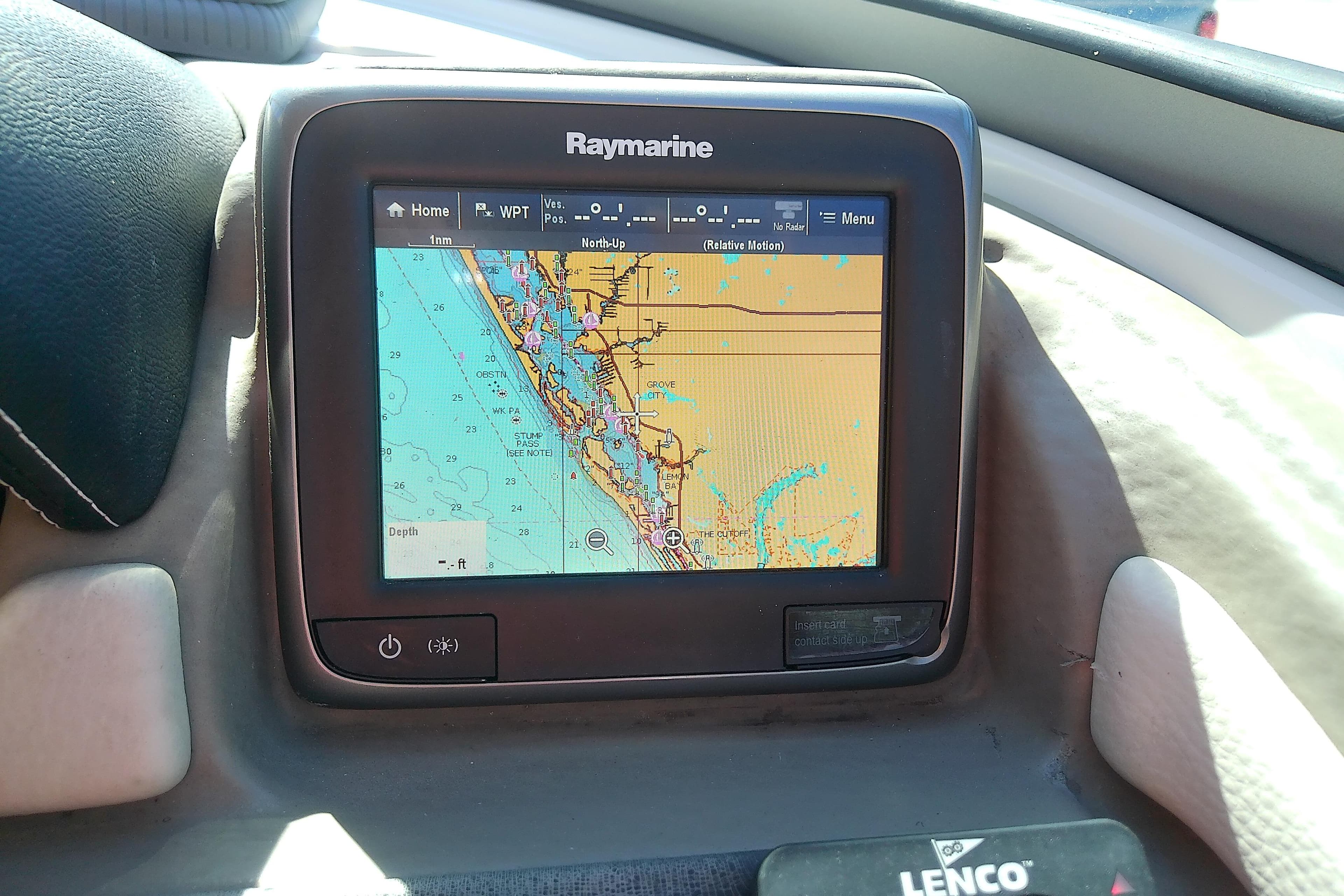 Raymarine navigation display on 2017 Crownline Eclipse E6 XS boat dashboard.