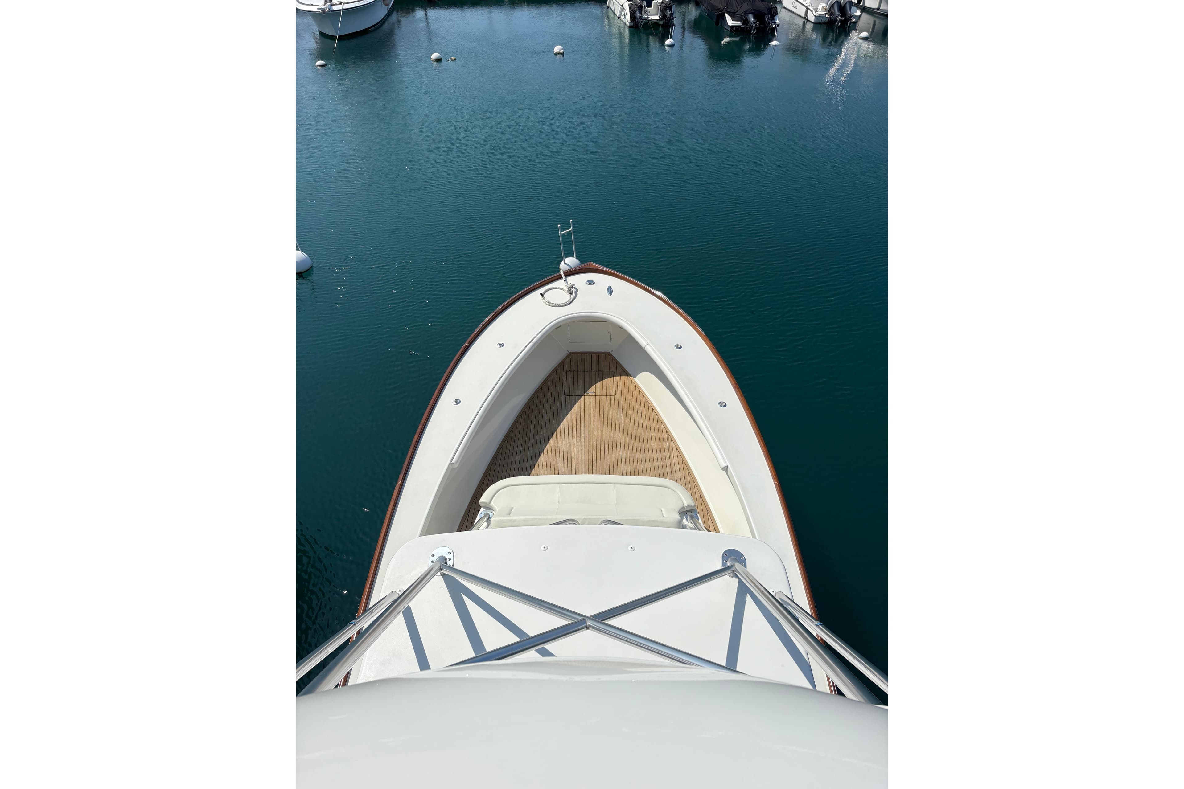 2007 Gamefisherman 42 Walkaround boat, aerial view of bow in marina.