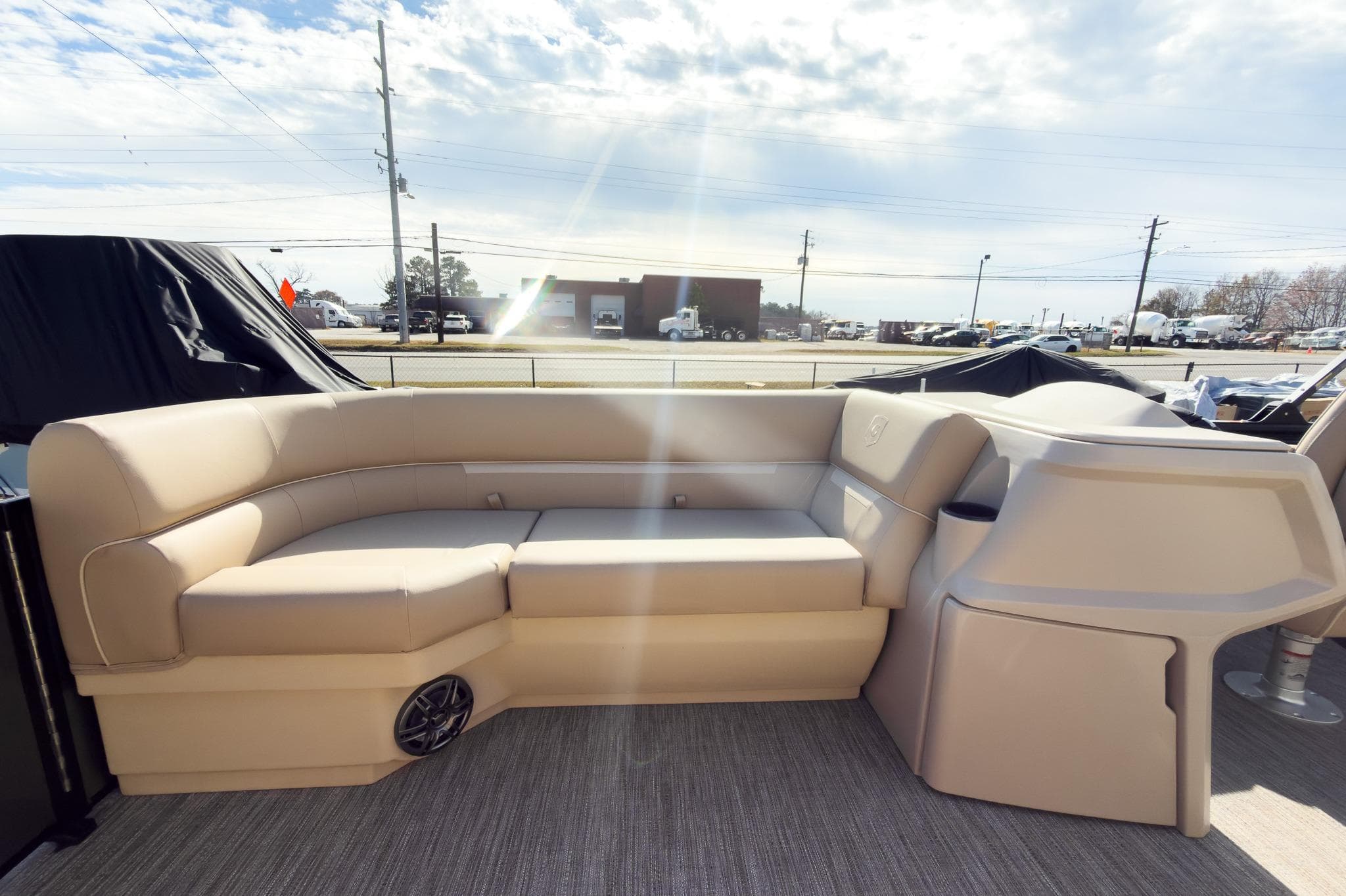 Luxurious seating on 2026 Godfrey Sweetwater Xperience 22' Split Bench Pontoon under sunny skies.