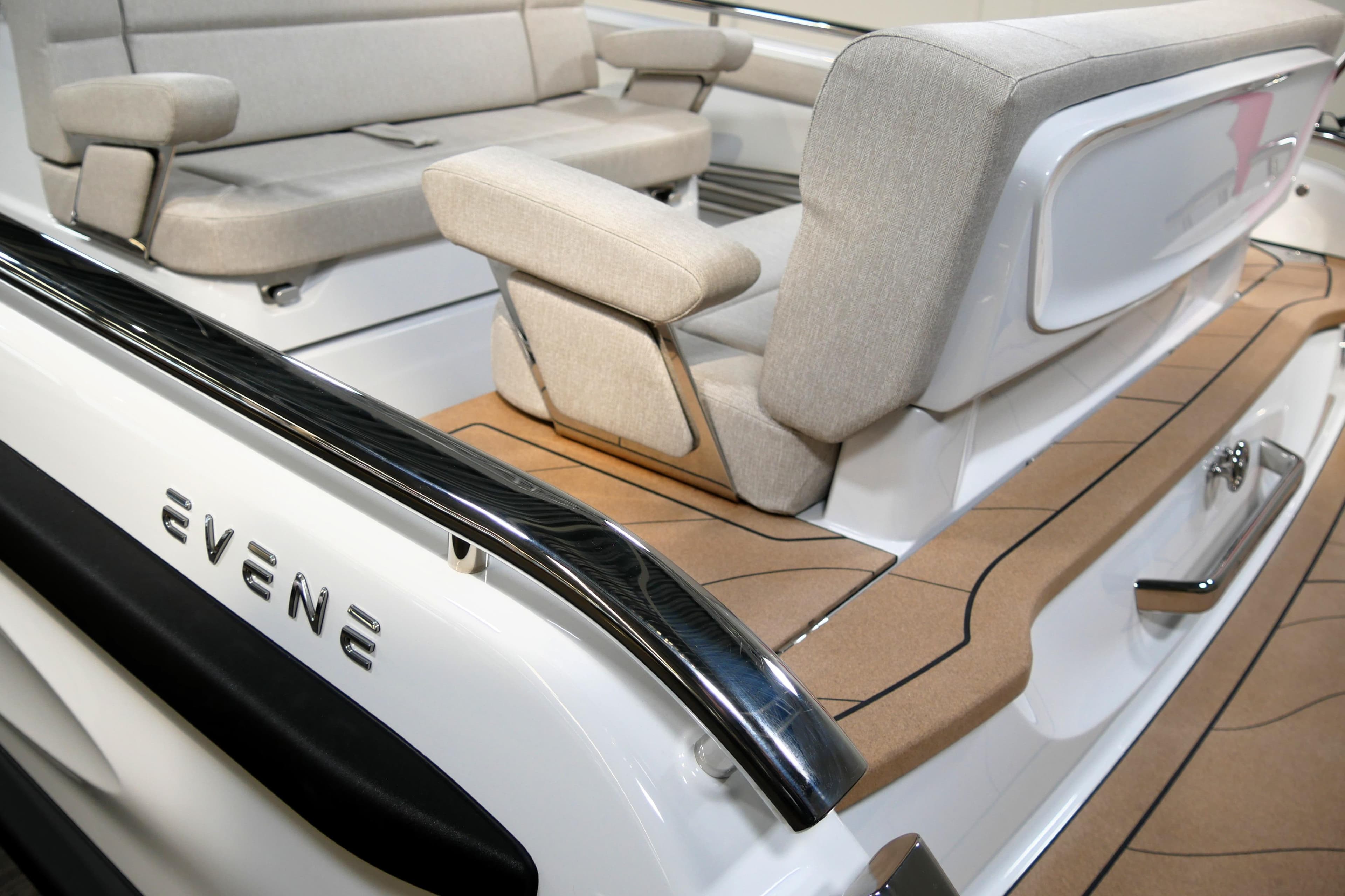 Luxury interior of 2026 Evene Origin 57 boat with sleek seating design.