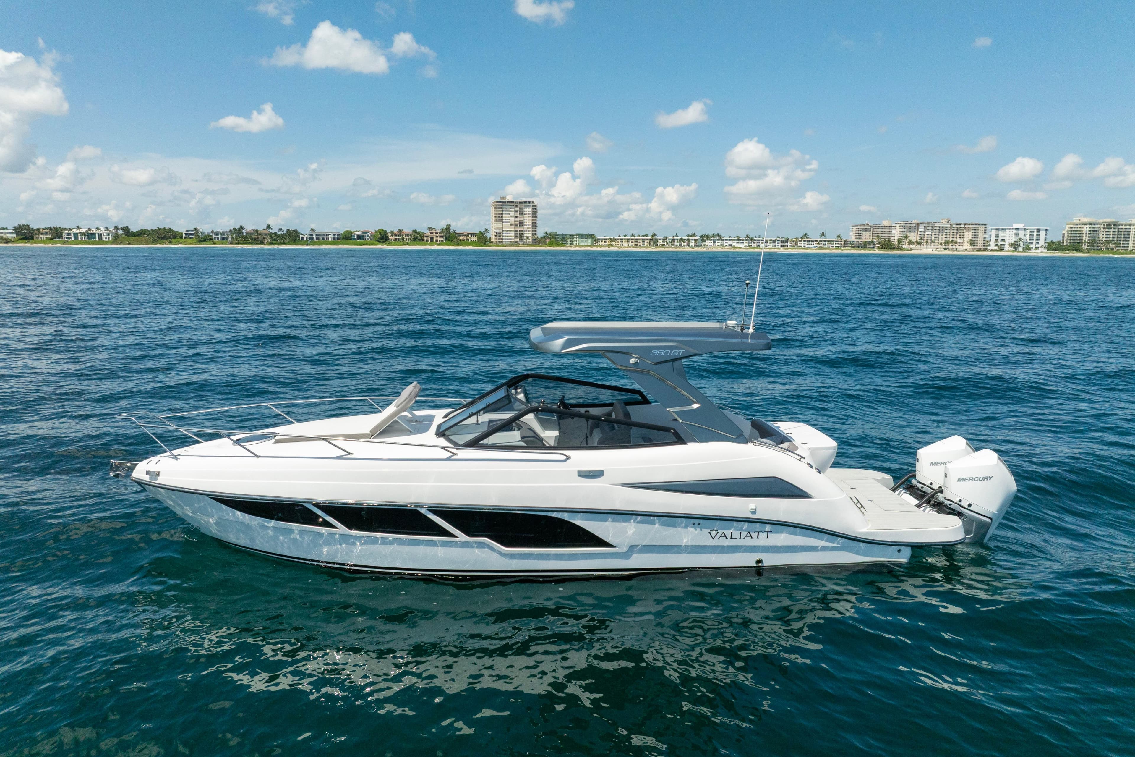 2025 Valiatt 350GT luxury boat cruising on open water under a clear sky.