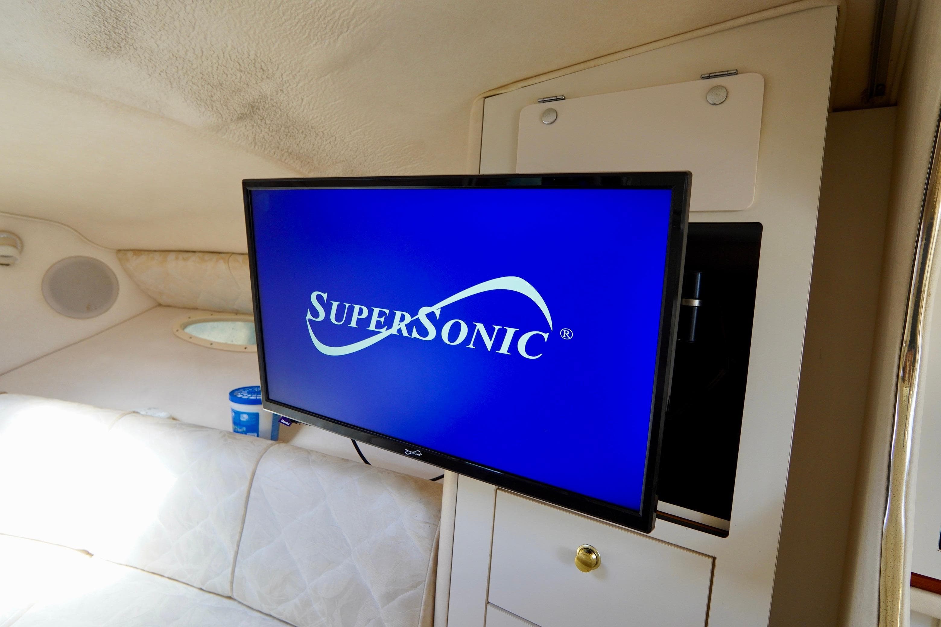 Interior of 2000 Sea Ray 280 Sundancer with Supersonic TV display.