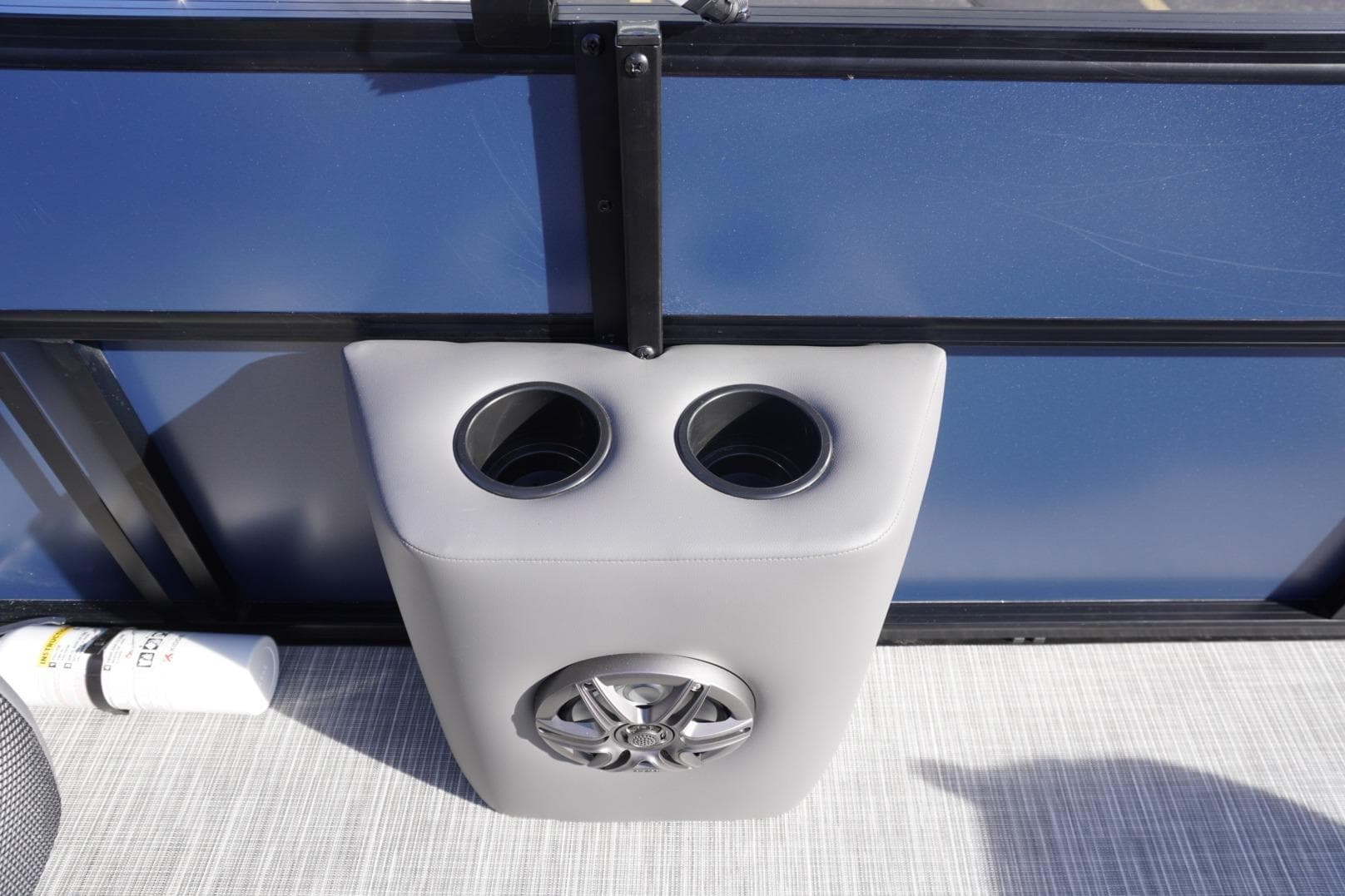 Cup holders and speaker on 2026 Viaggio Lago V-R boat interior.