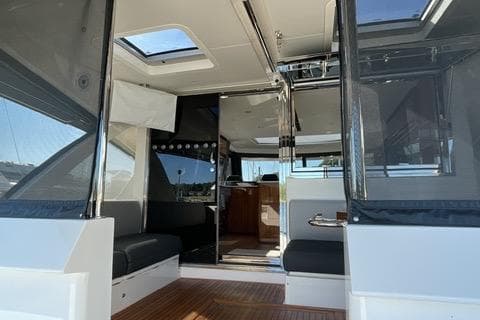 Interior view of 2025 Riviera 585 SUV yacht, featuring sleek design and modern amenities.