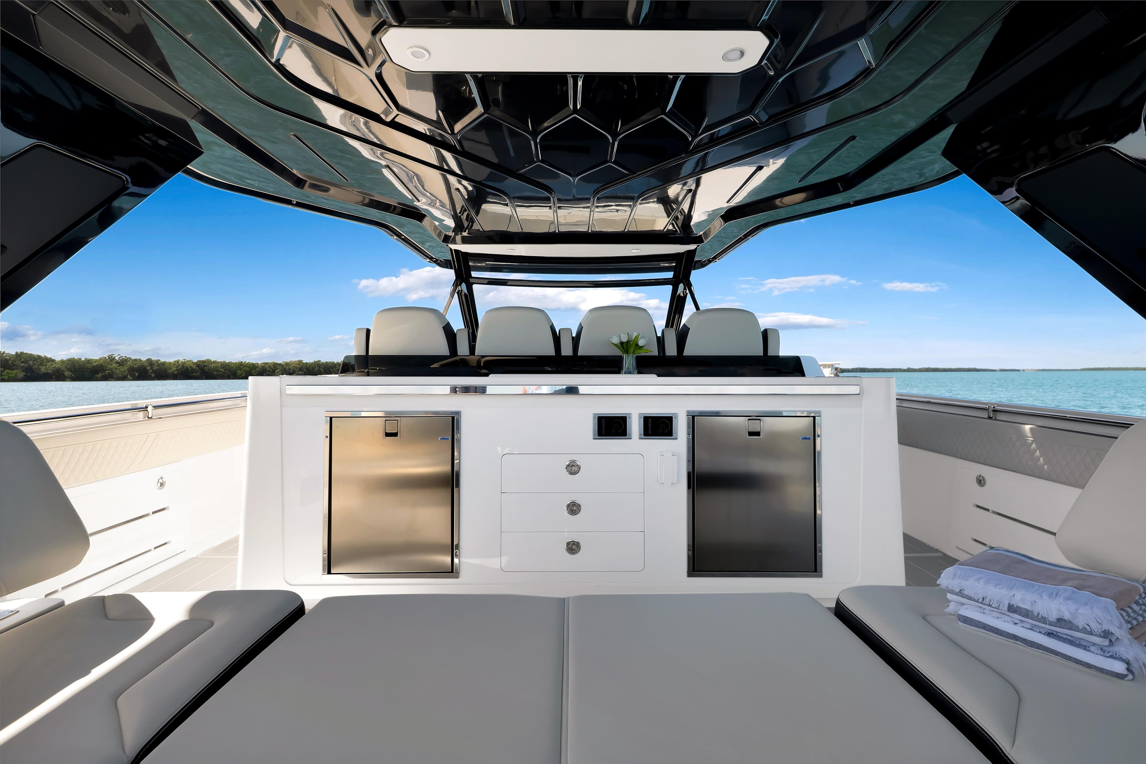 Luxurious interior of 2026 Aquila 45 Sport yacht with sleek design and modern amenities.