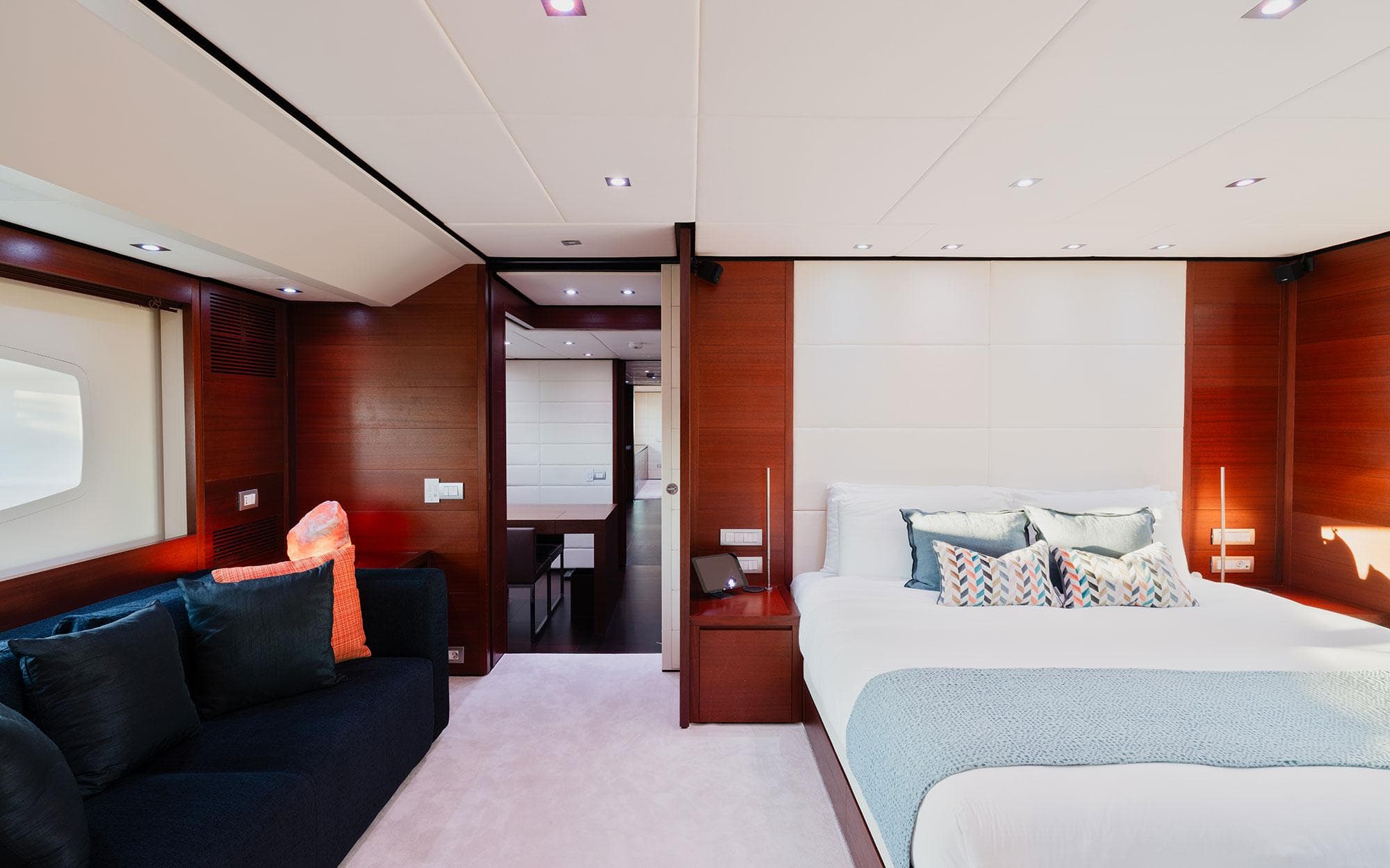 Luxurious interior of 2007 Baglietto 43 yacht with modern bedroom and elegant decor.