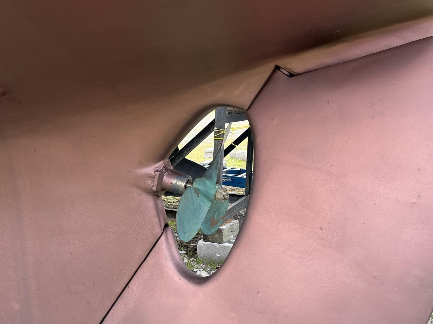 1978 Cheoy Lee Offshore 33 propeller and hull detail, showcasing marine engineering.