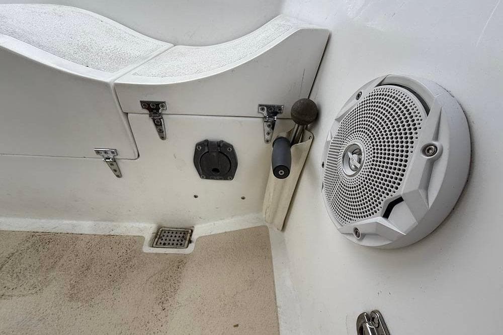 Interior of 1984 Morgan 384 boat showing speaker and control panel.