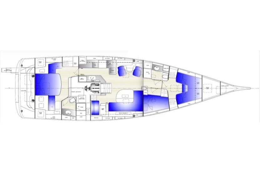 Floor plan of 2022 Hallberg-Rassy 57 yacht, showcasing interior layout and design.
