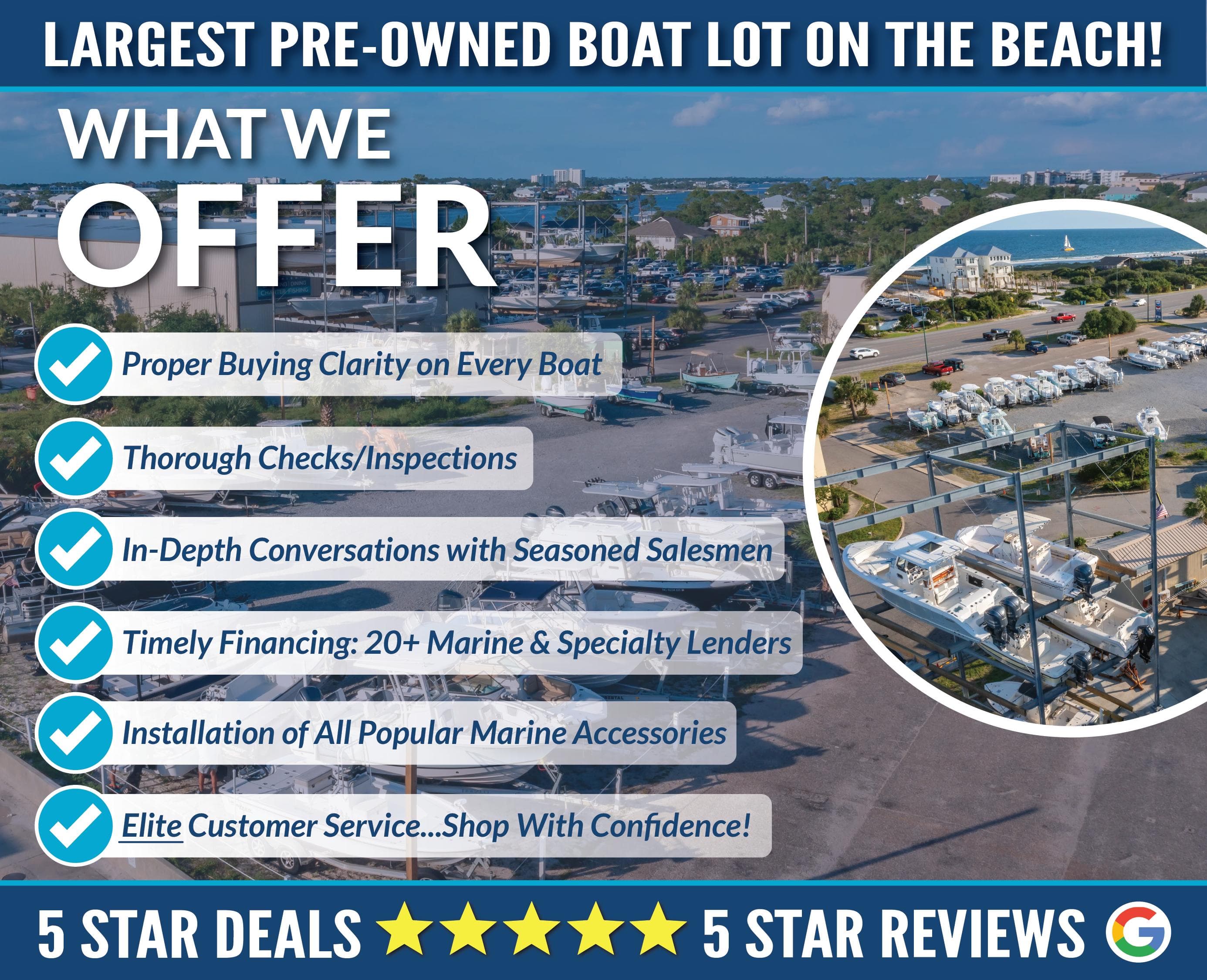 Pre-owned boat lot offering inspections, financing, accessories, and elite customer service. Sailfish 242CC 2022.