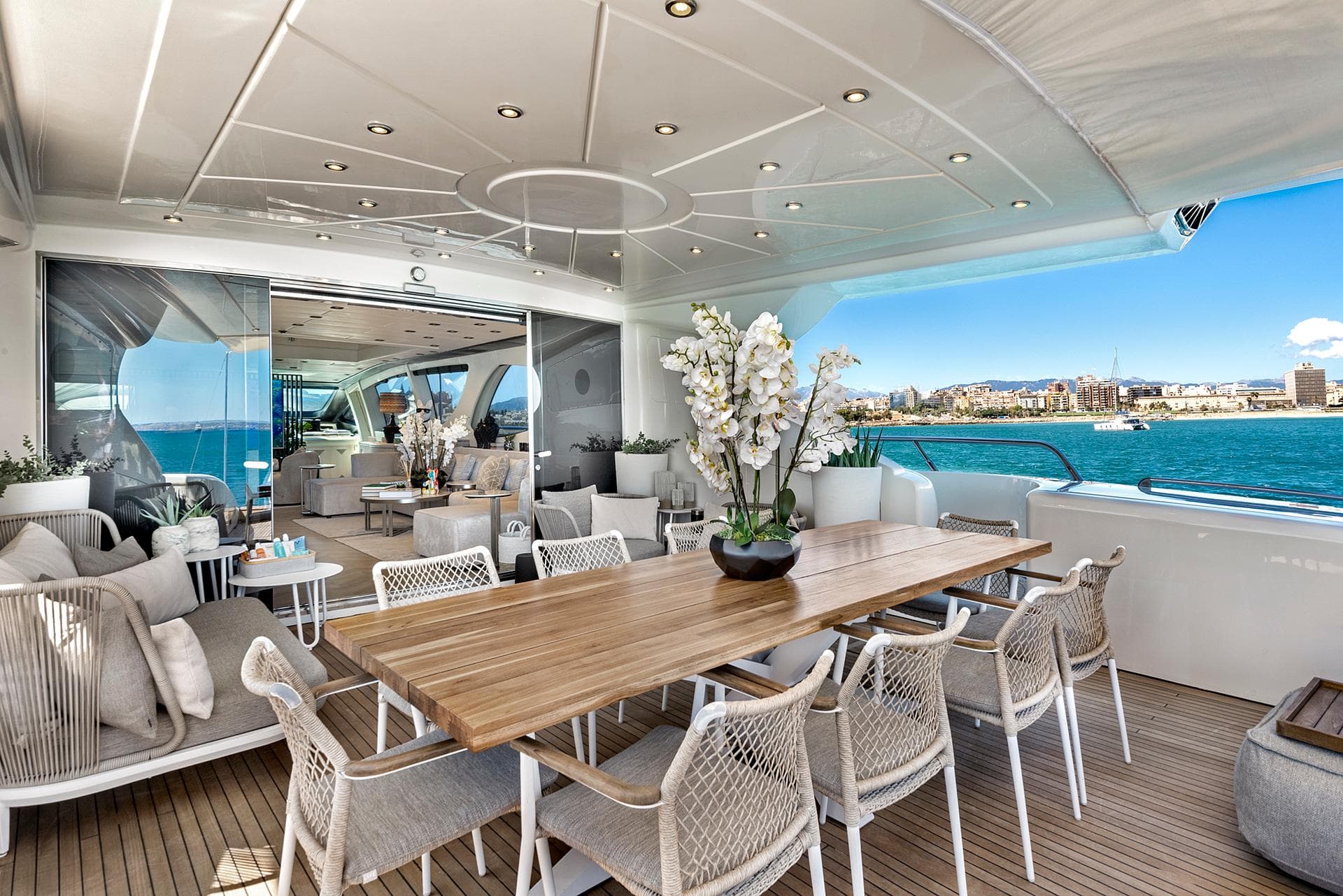 Luxurious interior of a 2004 Mangusta 130 yacht.