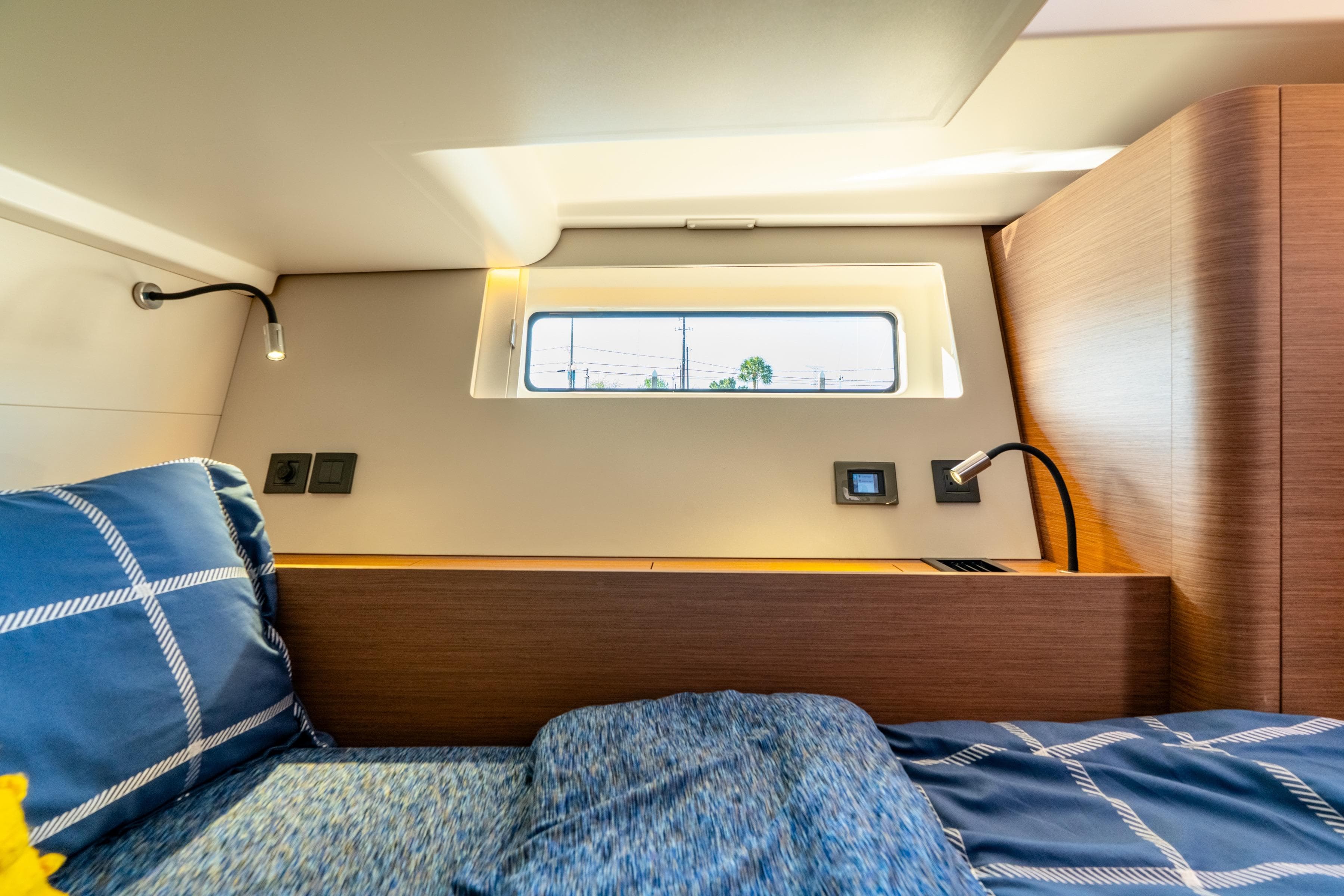 Luxurious cabin interior of 2021 Beneteau Oceanis Yacht 54 with modern design elements.