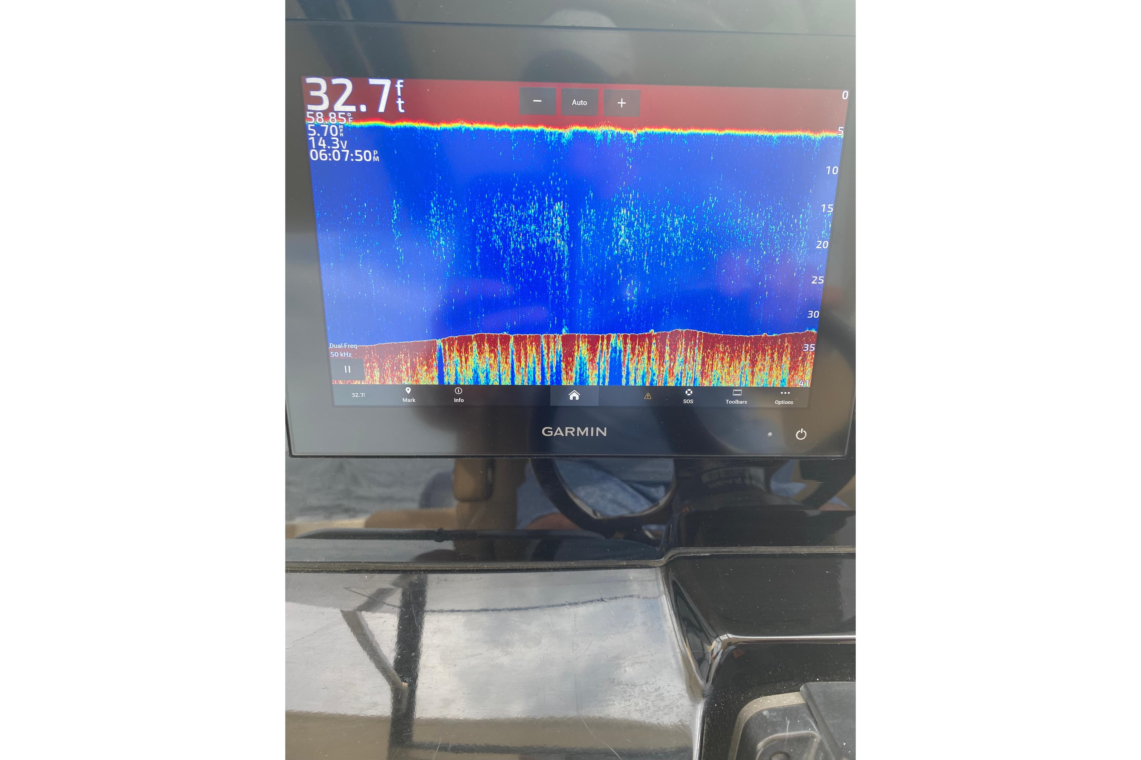 Fishfinder display on 2019 Scout 255 Dorado showing depth and sonar data.