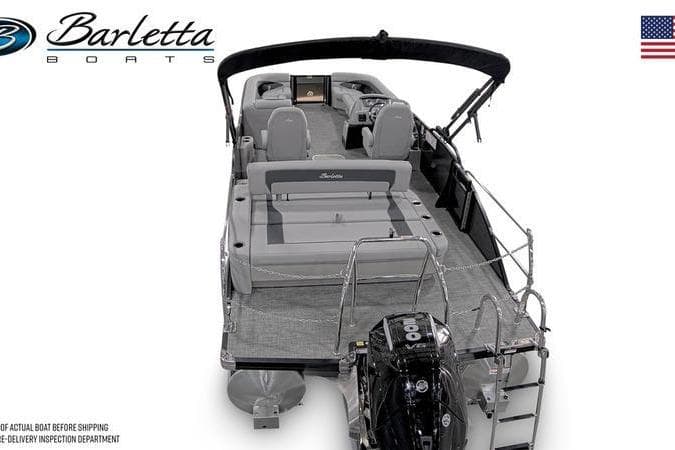 2025 Barletta Aria 24UC pontoon boat, rear view, showcasing seating and motor.