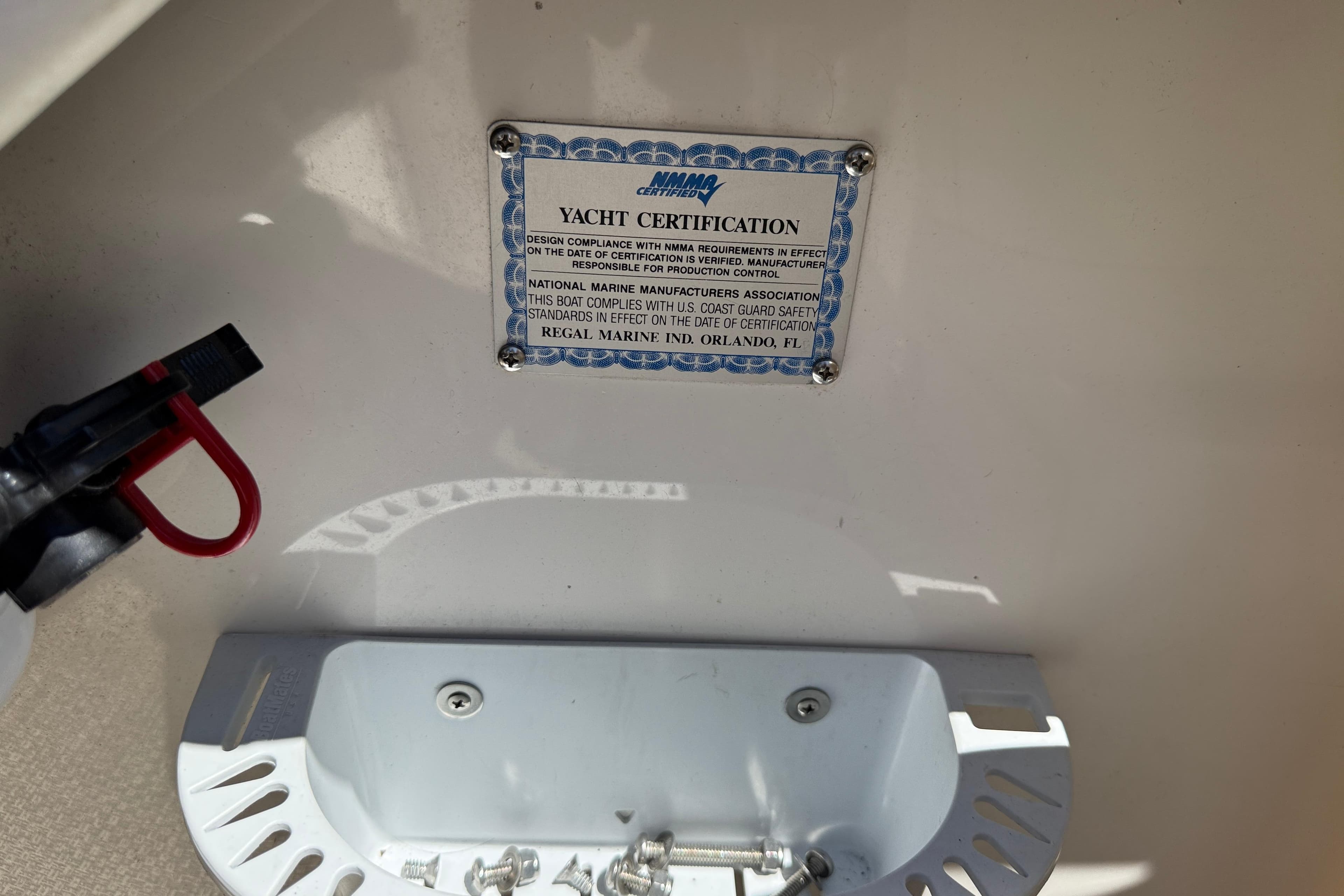Yacht certification plaque on 2005 Regal Commodore 2665, Orlando, FL.