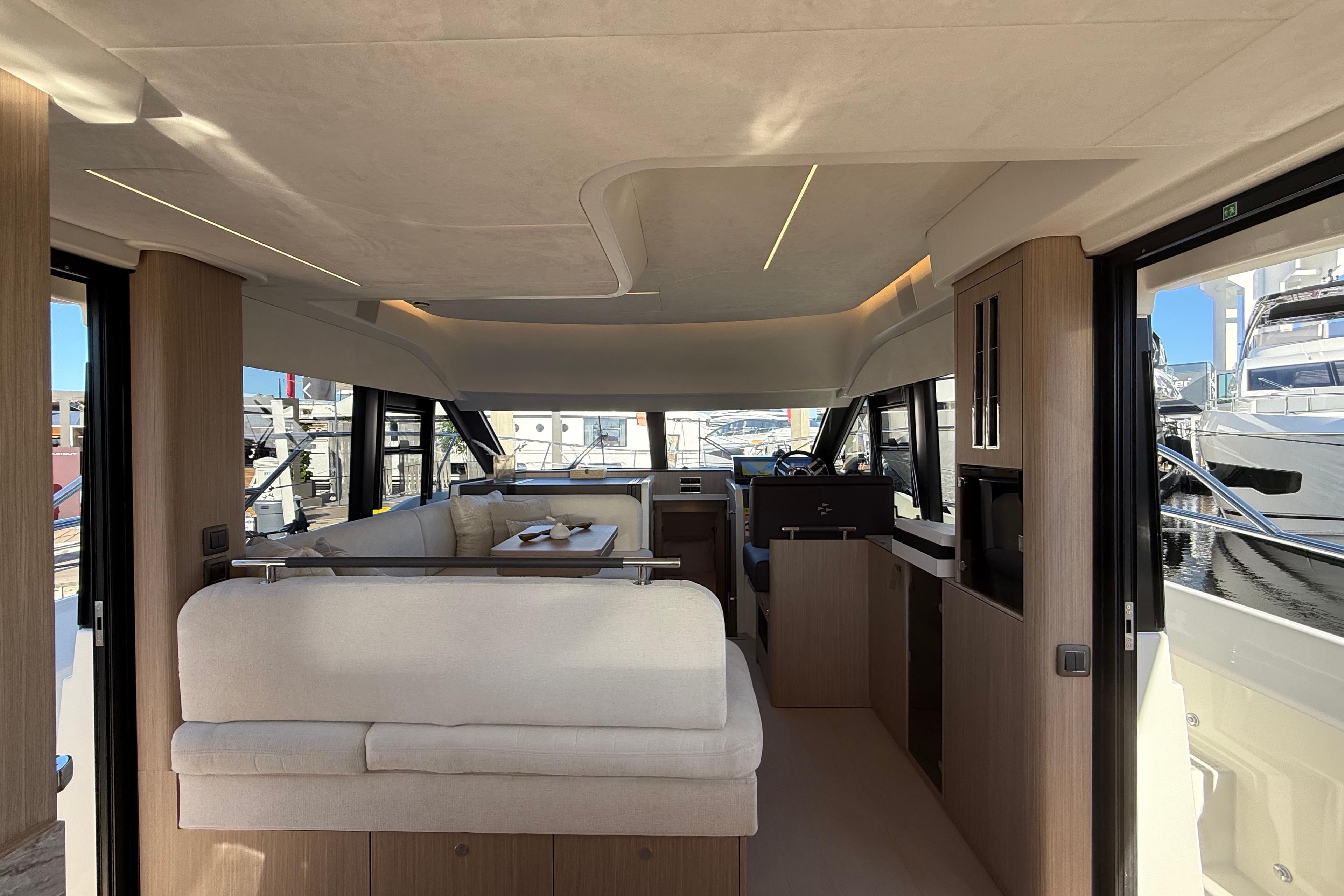 Luxurious interior of 2026 Prestige F4.3 yacht with modern design and elegant furnishings.