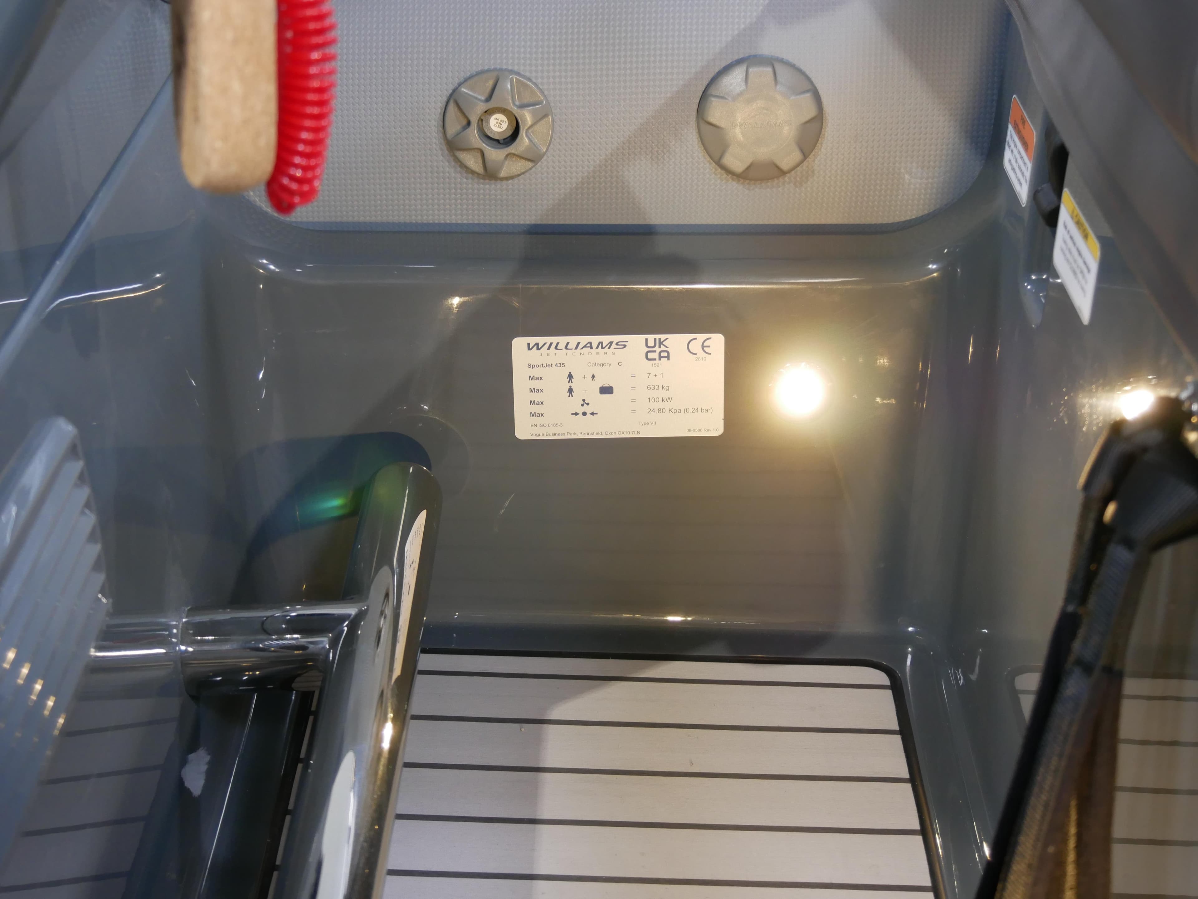 2025 Williams Jet Tenders SportJet 435 interior with specifications label.