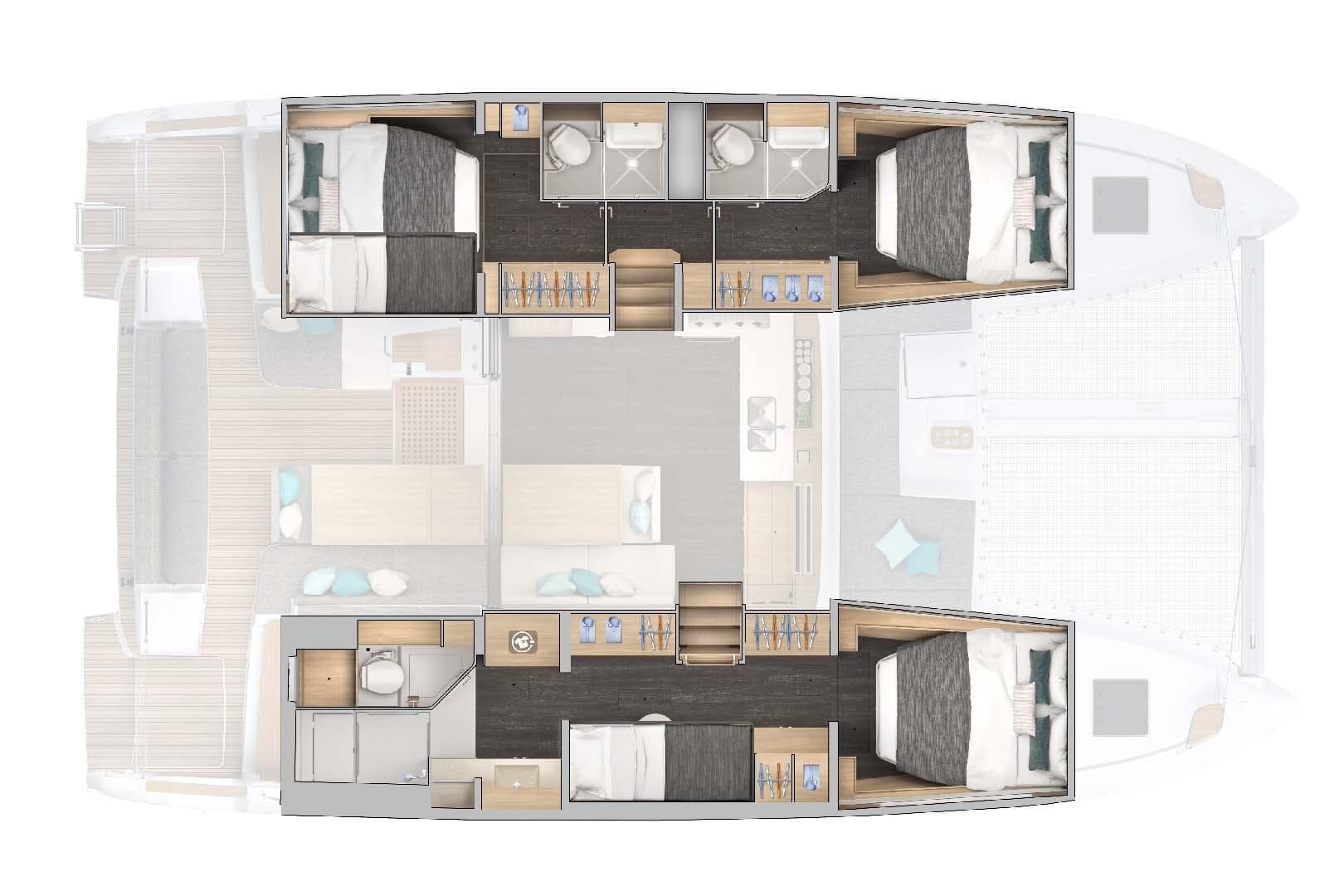 Floor plan of a 2025 Lagoon 43 catamaran, featuring bedrooms, bathrooms, and living areas.