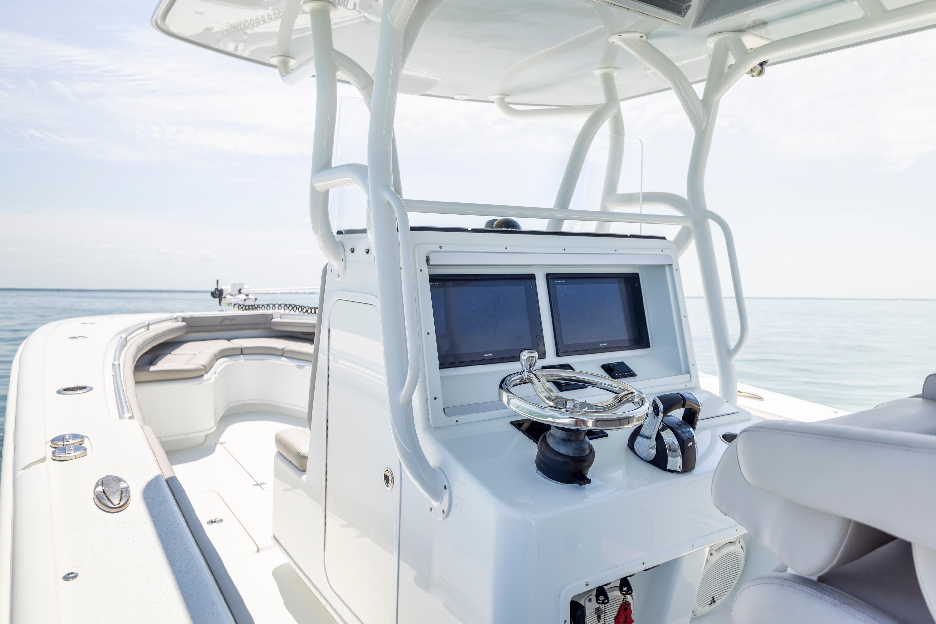 Interior view of a 2018 Yellowfin 32 Offshore boat.