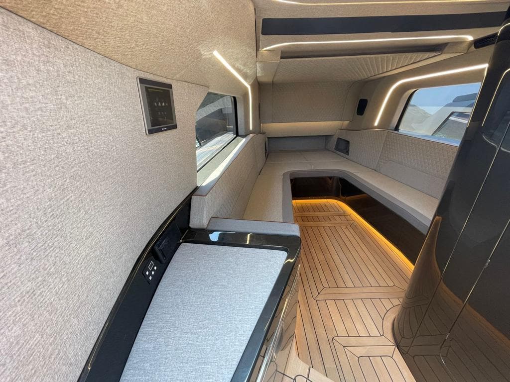 Luxurious interior of a 2019 Maori 54 Open yacht with modern design and ambient lighting.