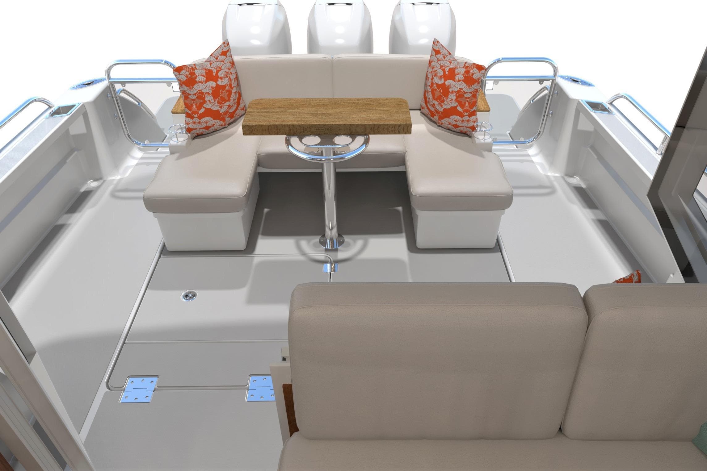 Luxurious 2027 Back Cove 39O boat interior with cushioned seating and decorative pillows.