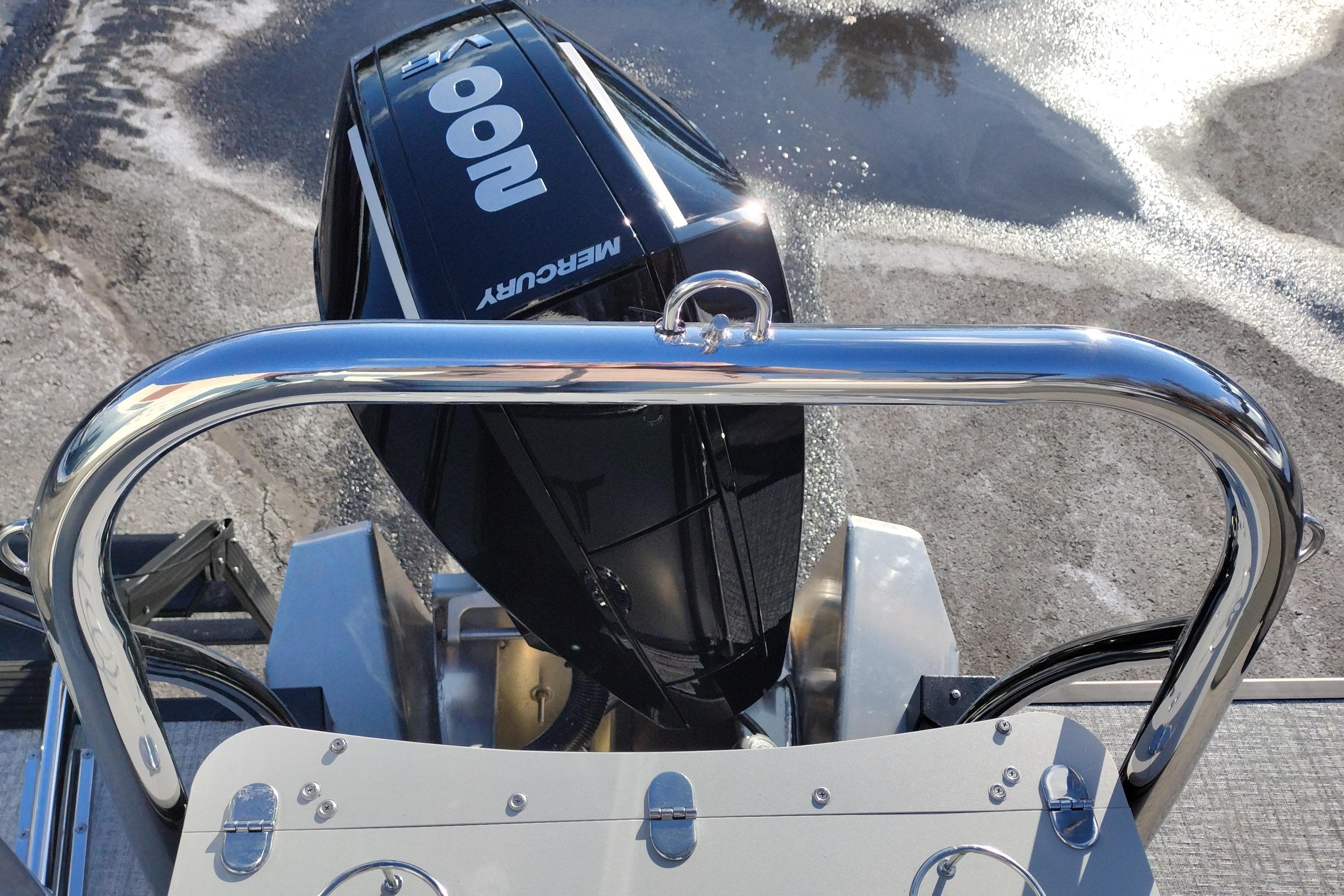 2026 Tahoe Pontoon 25E85 LTZ Rear Bench with Mercury outboard motor, rear view.