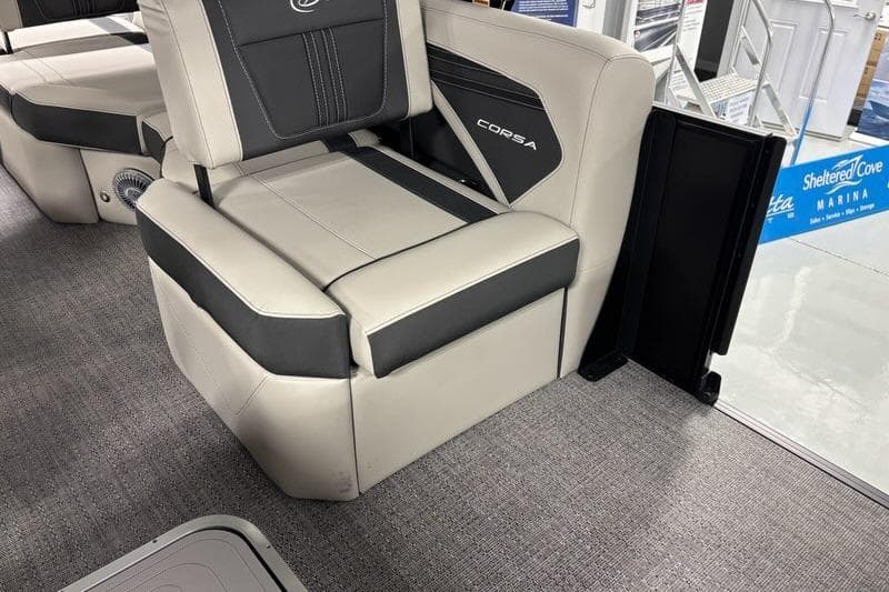 2026 Barletta Corsa boat interior with luxurious seating and modern design.