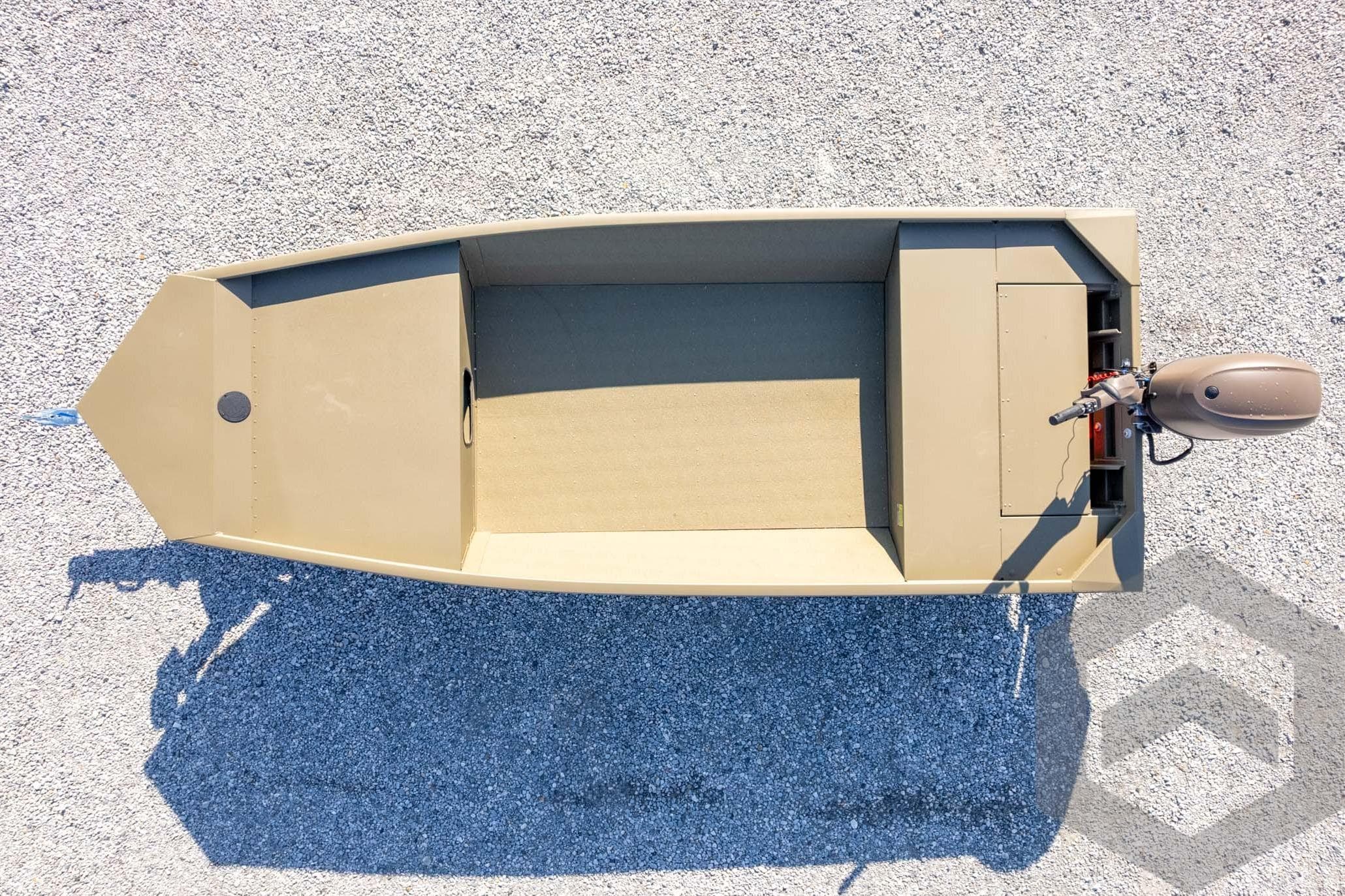 Top view of 2026 G3 Gator Tough 1652 VBW boat on gravel surface.