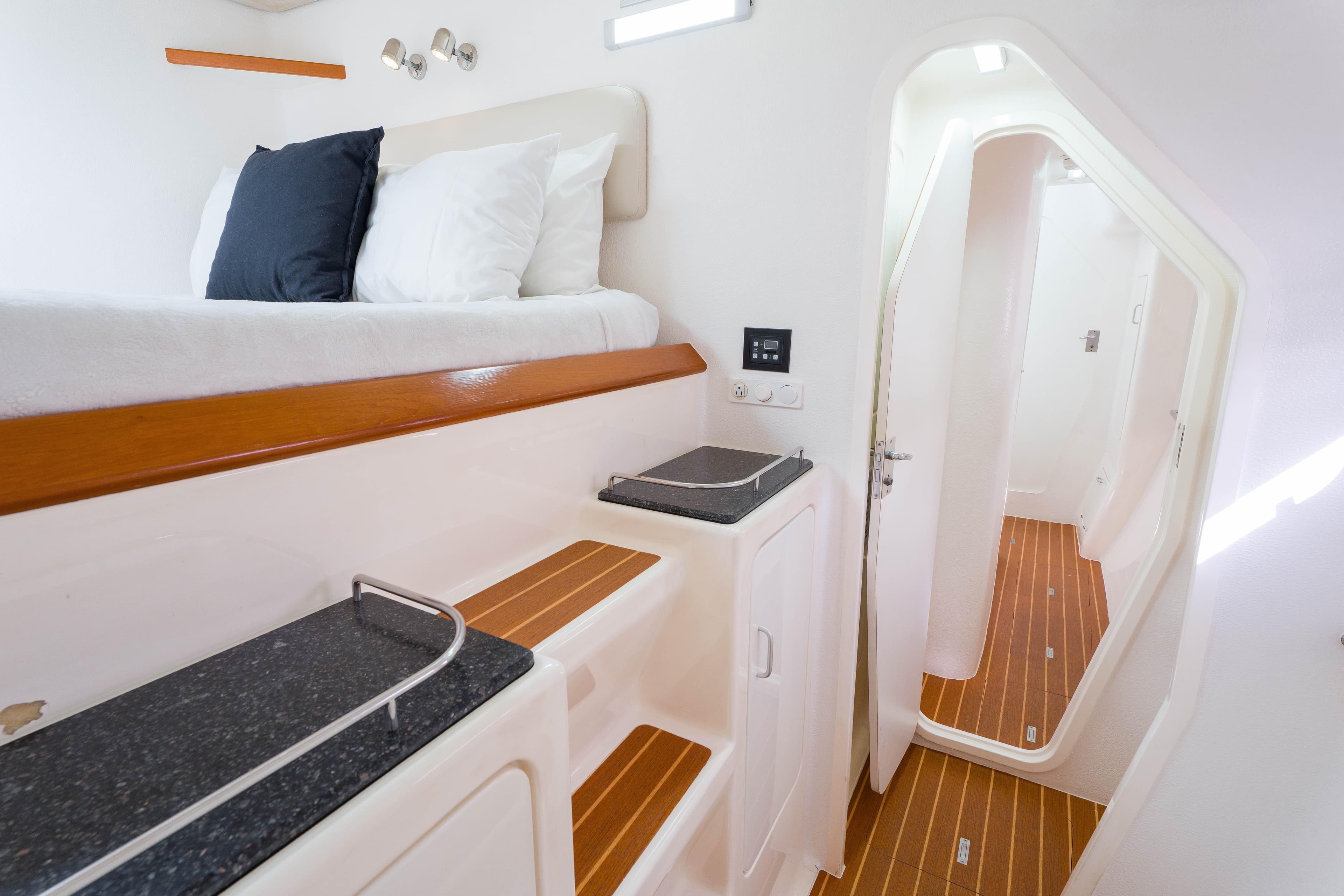 Luxurious interior of 2011 Voyage Yachts 520 with modern design and wooden accents.