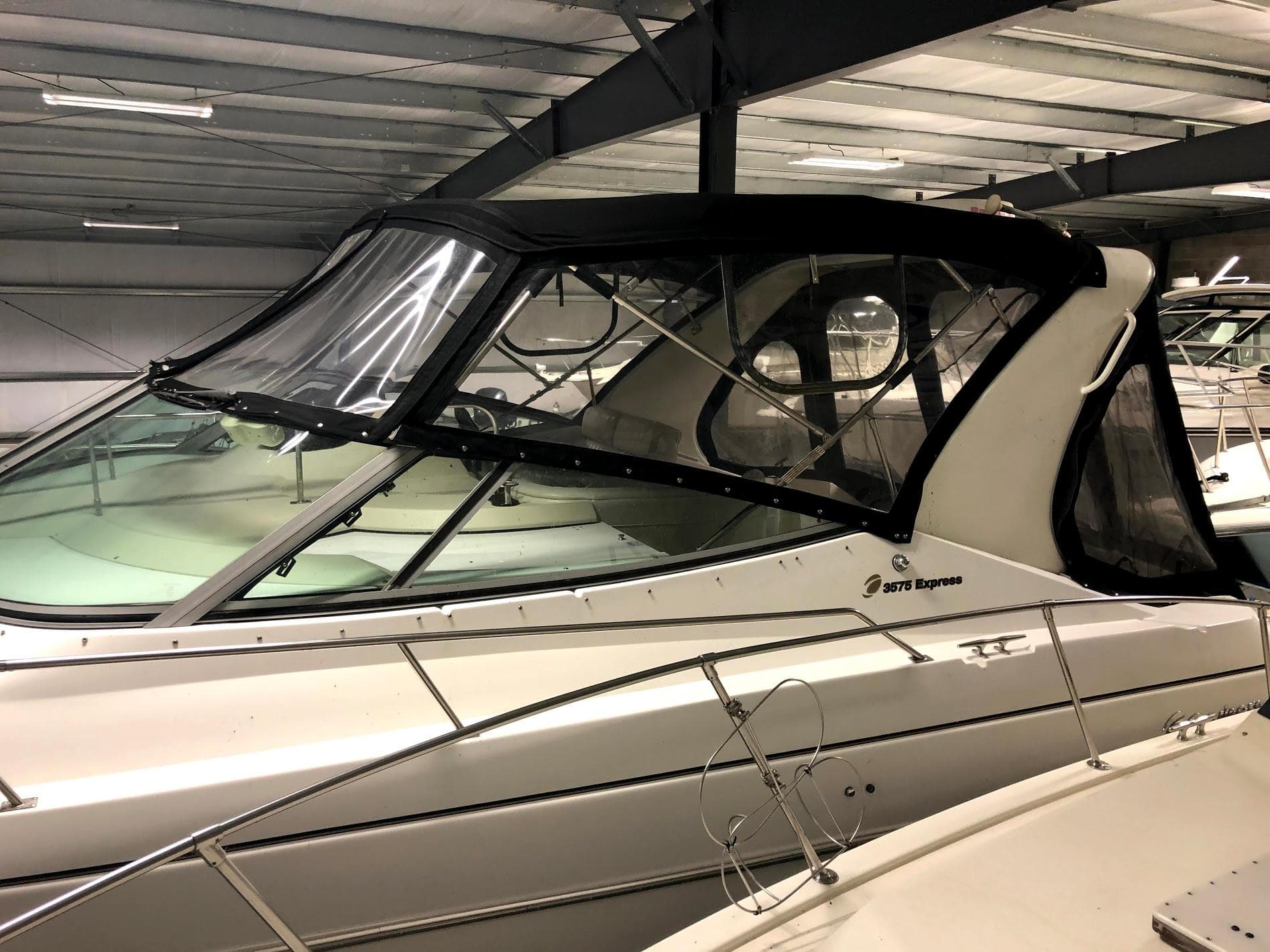2000 Cruisers Yachts 3575 Express in a storage facility.