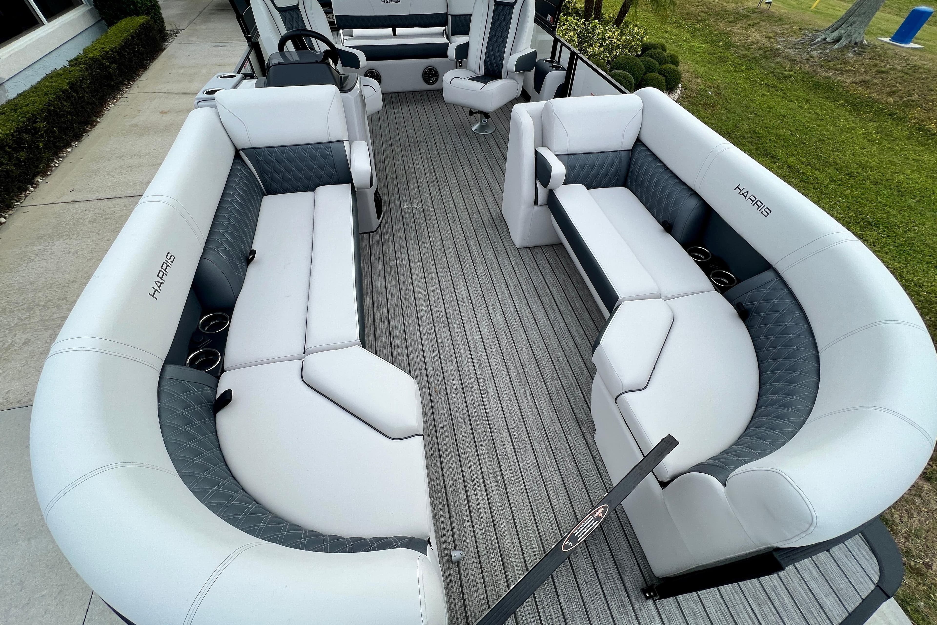 Interior of the 2025 Harris Sunliner 230 pontoon boat.