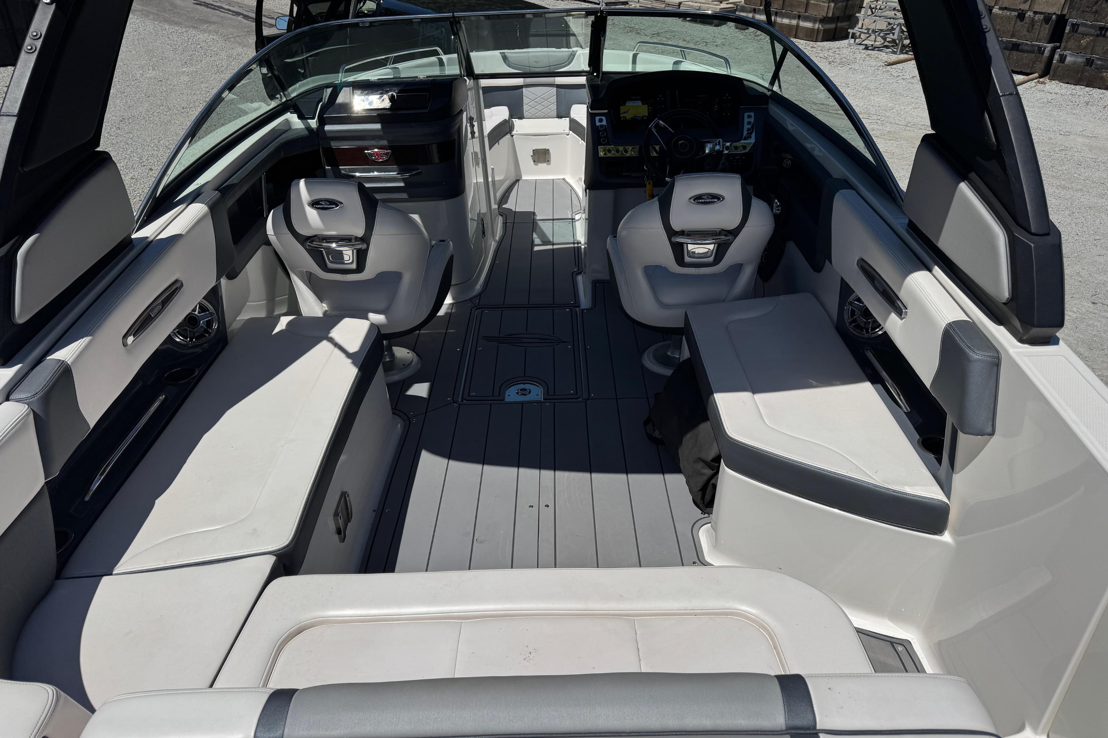 2021 Chaparral 287 SSX boat interior with spacious seating and modern design.