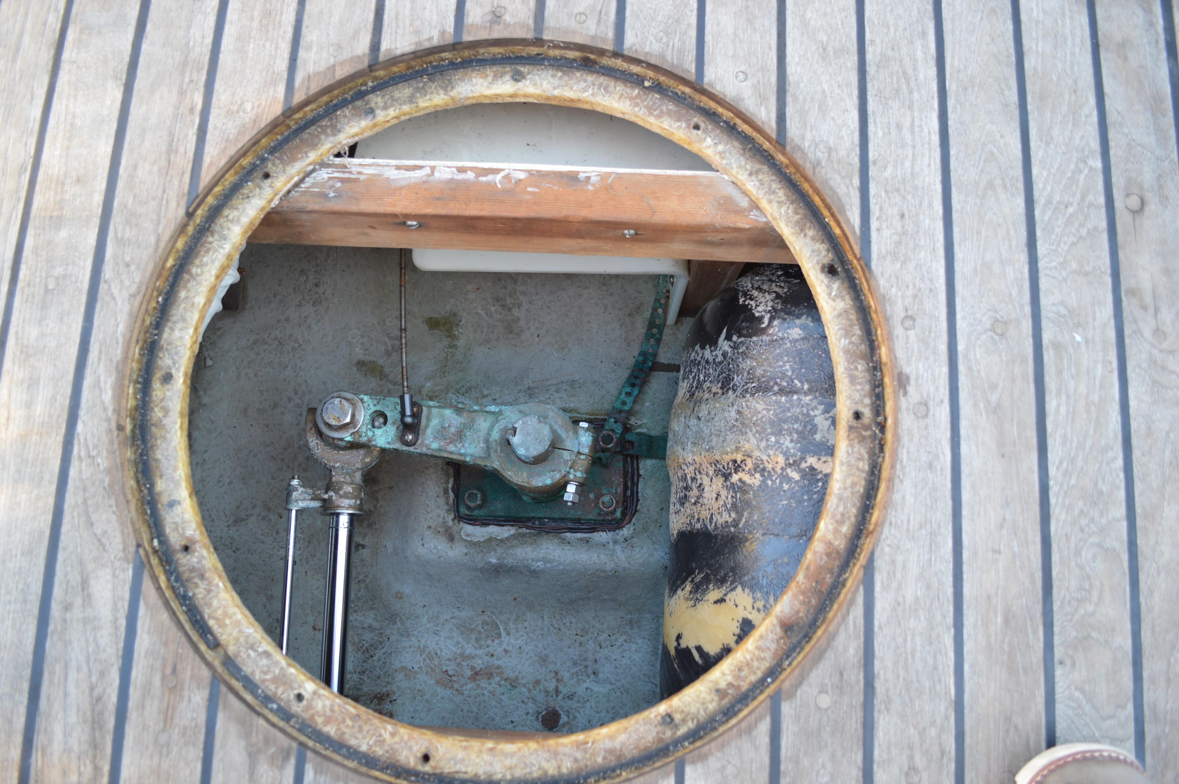 1990 Stanley Downeast Lobster Boat hatch with visible mechanical components.