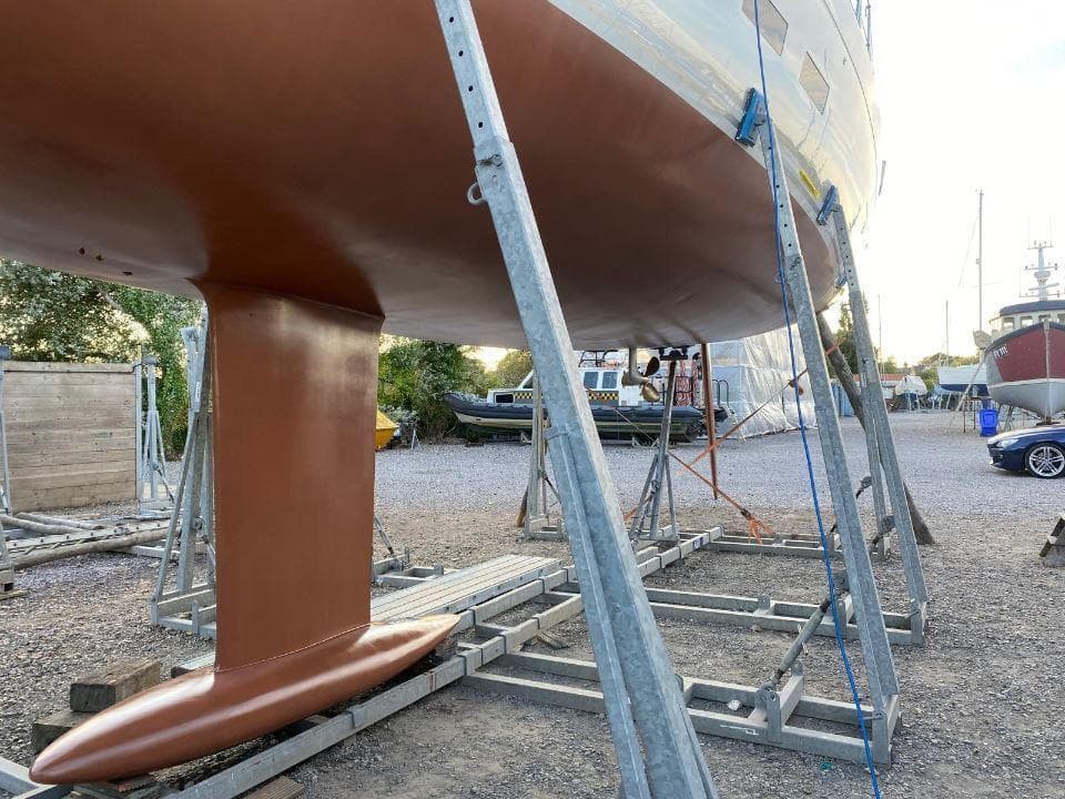 Grand Soleil 50 yacht keel, 2015 model, on dry dock for maintenance.