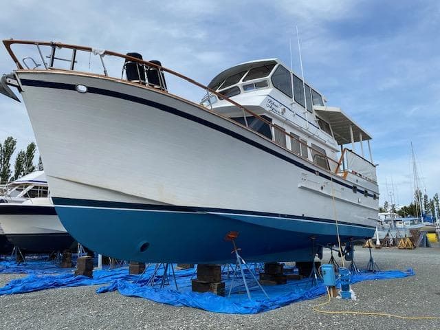 1983 Ocean Alexander 43 Flush Aft Deck yacht on drydock