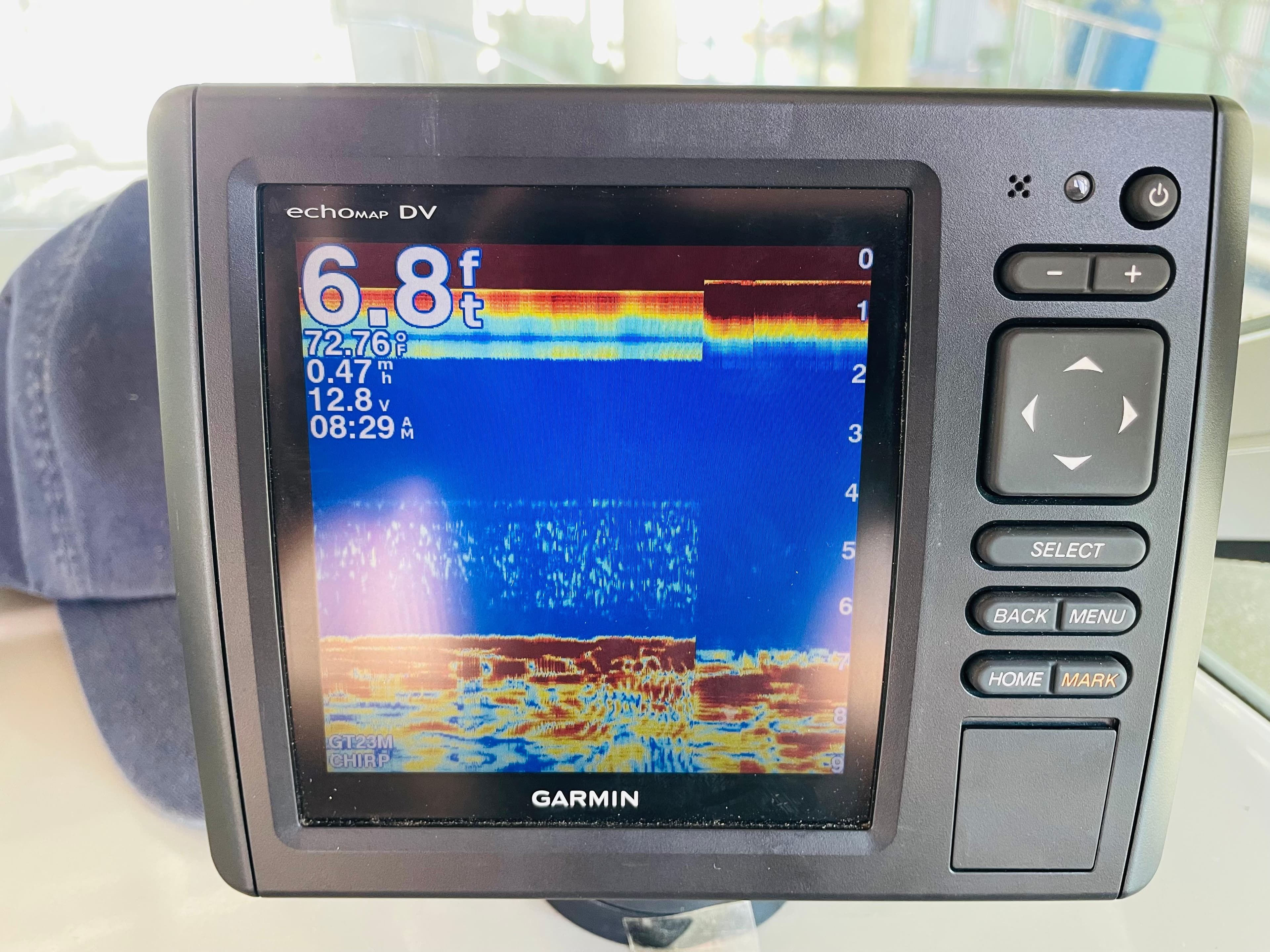 Garmin echomap DV fishfinder display on 1996 Chaparral Signature 31 boat.
