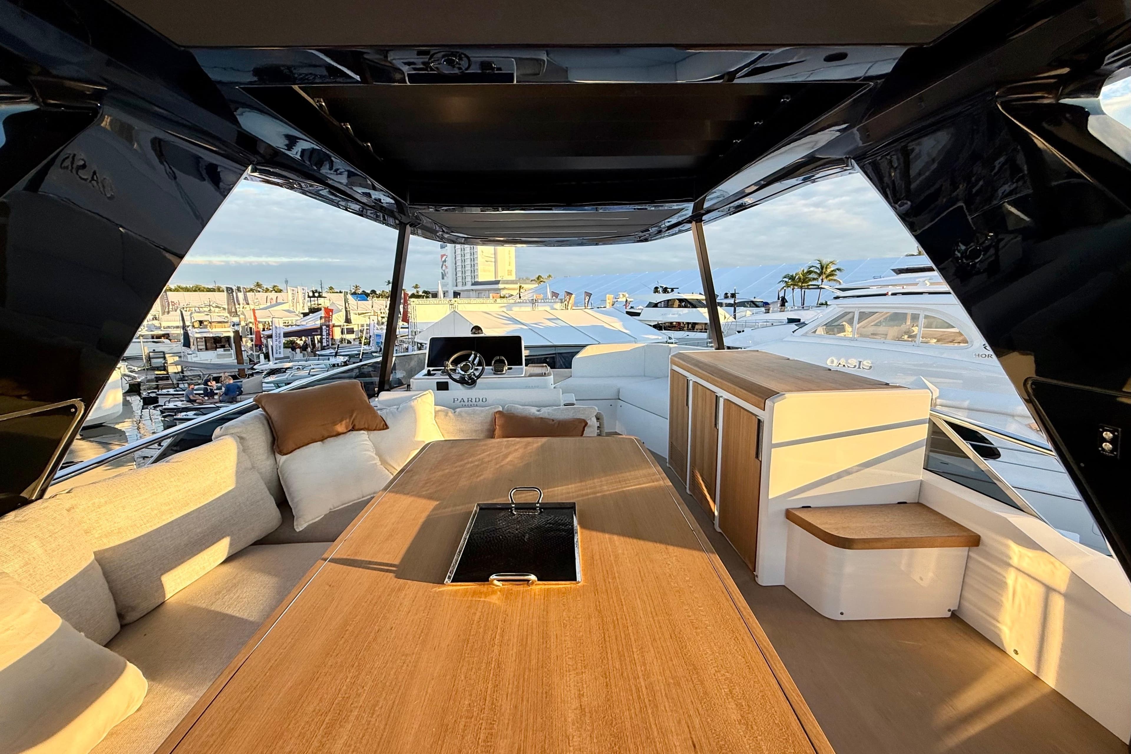 Luxurious interior of 2026 Pardo Yachts E72, featuring elegant seating and modern design.