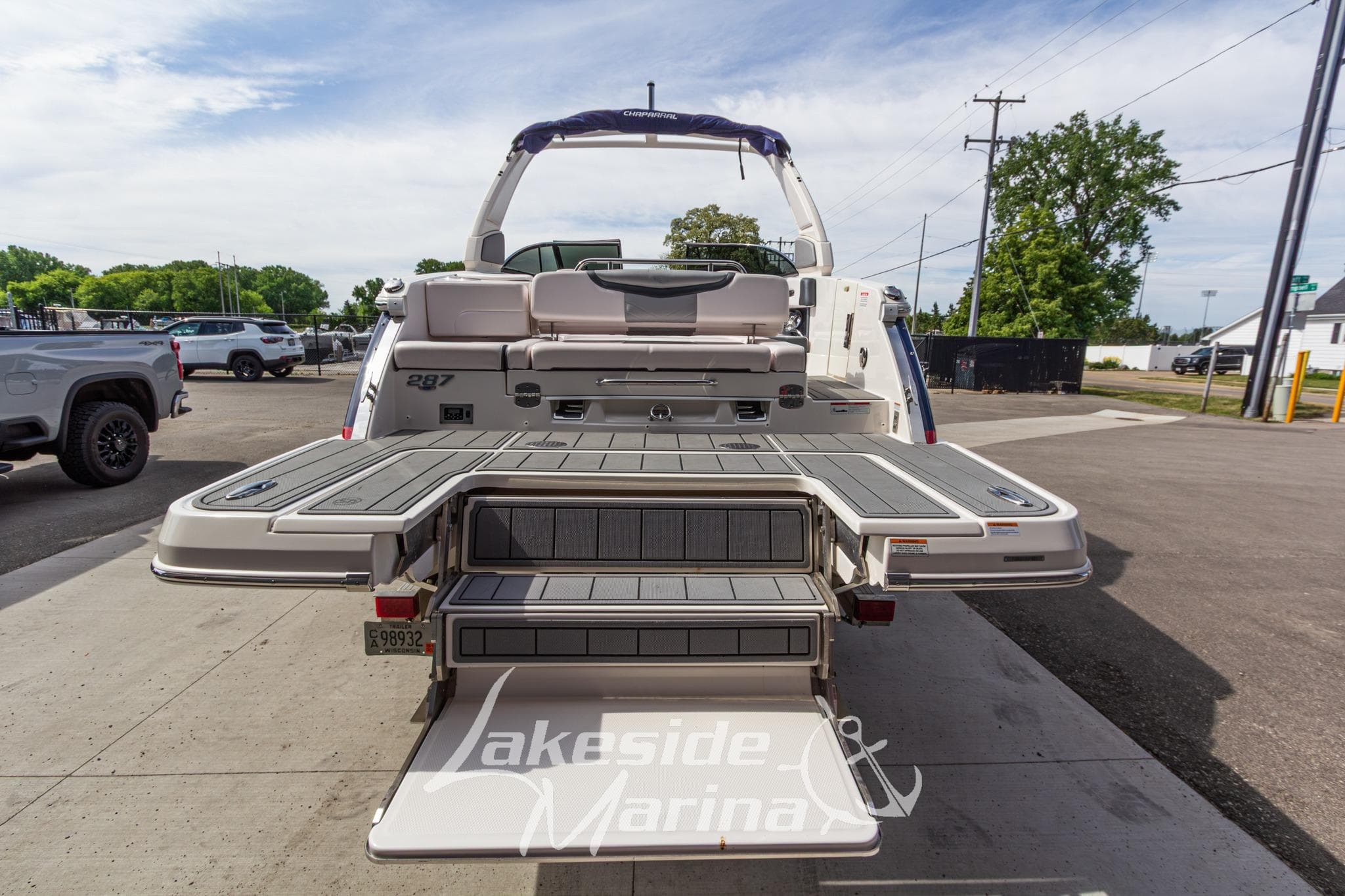 2021 Chaparral 287 SSX boat with extended swim platform at Lakeside Marina.